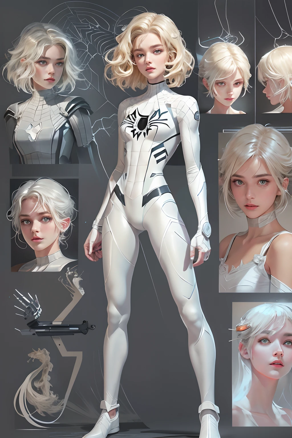 18yo Girl，White Spider-Man suit，Full body like，short and wavy hair，short detailed hair，blond hairbl，beautifulface，Sateen，the roof，tmasterpiece，exquisite detailing，Perfect anatomy