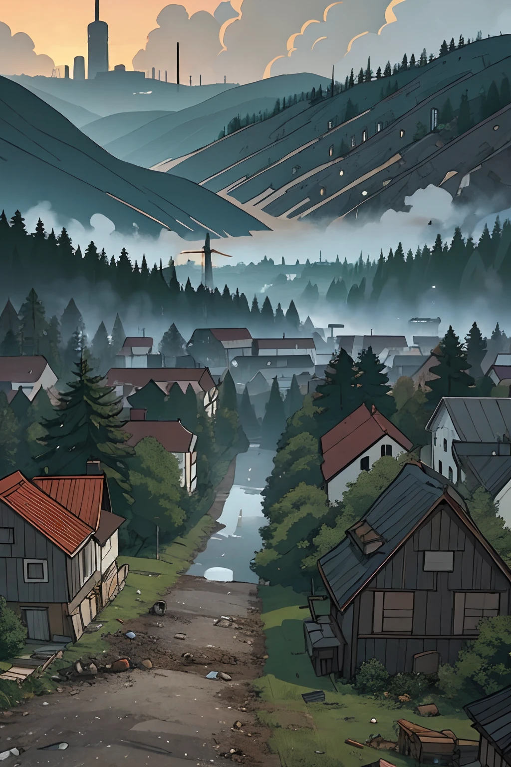 Destruction of nature、pollution、Dead Forest、Nordic-style town、Dense buildings in the distance