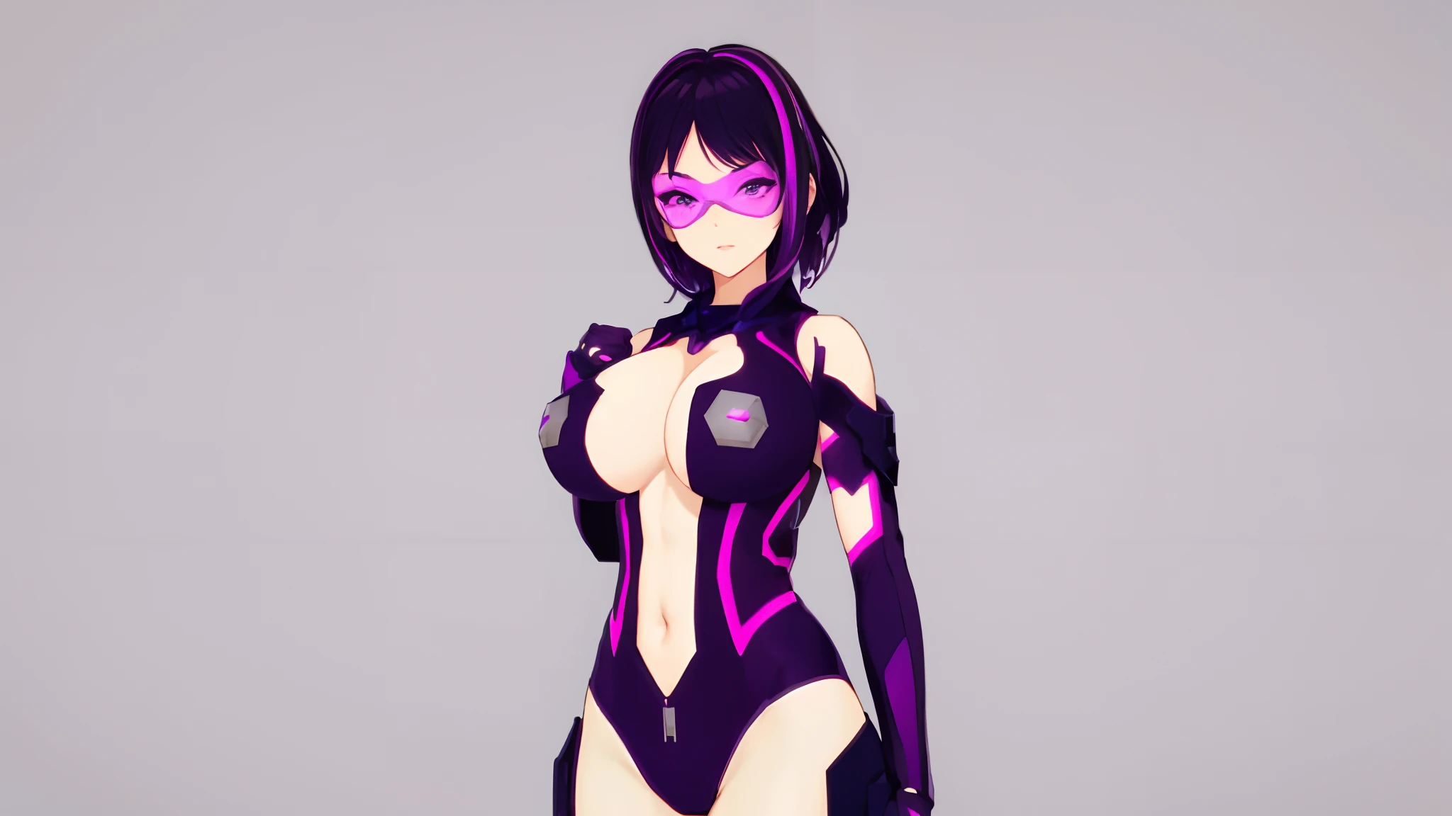 A WOMAN, BEAUTIFULL FACE, HUGE BOOBS, RGB, WHITE, GOLD, PURPLE, MECHA ARMOR FULL SUIT, (CLEAVAGE), TRANSPARANT, TALL LEGS, STANDING, SEXY BODY, MUSCLE ABS.