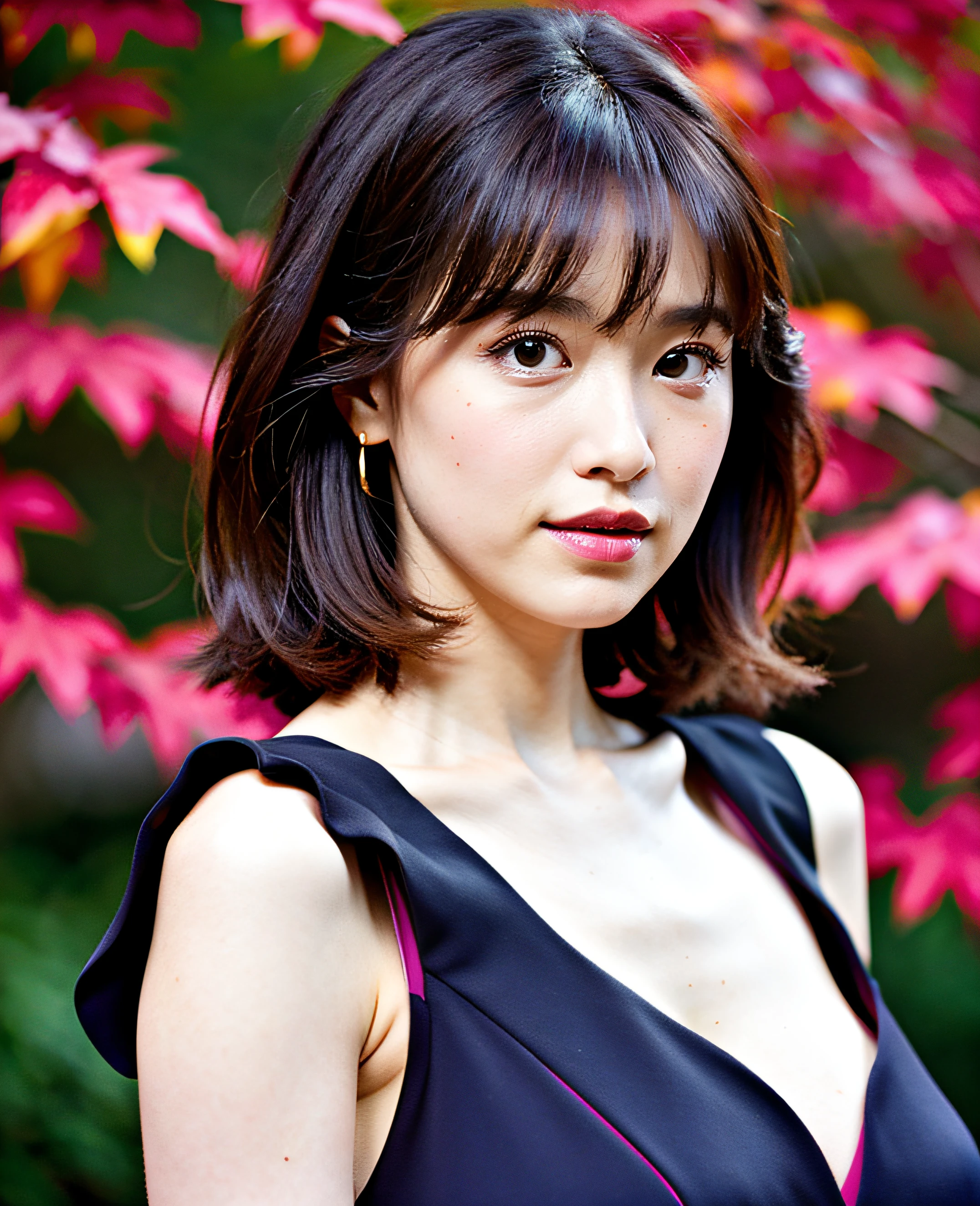 (((Medium Hair))), Top Quality, 8K, Absurdity: 1.2, Background Blur, Bokeh: 1.2, Photo, (Raw Photo: 1.2), (Photoreal: 1.4), (Complex Details: 1.2), Nice Women, Delicate and Beautiful Details, (Detailed Eyes), (Detailed Facial Features), Petite, (((Normal Breasts))), Beautiful Skin, (Best Quality: 1.4), (((Dark Pink) Shoulder dress))) Beautiful autumn leaves background, ((full body shot)),