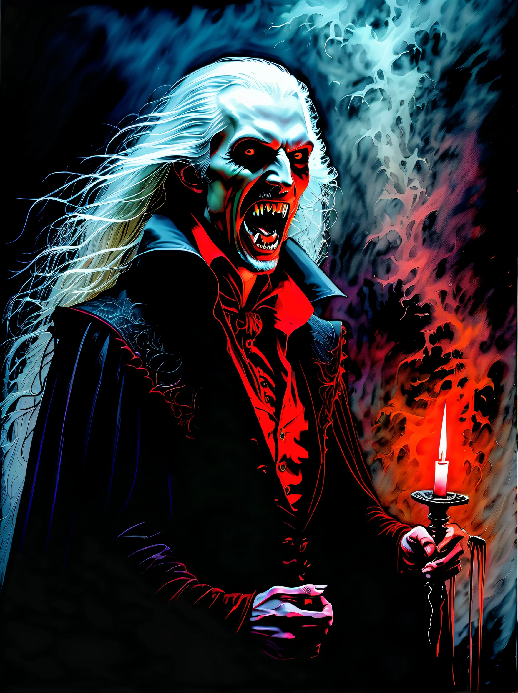 (hipness purgatory Vampire illustration:1.3), (long vampire fangs:1.4), fear and creepy wish, gripped it tightly intricate detail blood sword, zenithal glory, medium white blond and red with two-tone shaggy hair, holiness and integrity, hell and chaos, rich colors, glass aquarium with neon lamp, be resourceful, (wrap ominous black mist around:1.5), shadow coating, full multilayered, intricately detailed, mystical atmosphere, low key lighting, creating a mesmerizing glow effect, stunning oil paint and water paint, colors blend seamlessly, watercolor technique adds a dreamy quality,