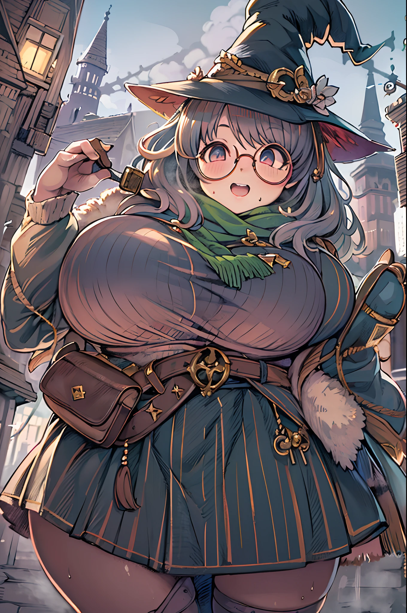 Fantasy,magic power,Realistic Girl Witch、(bbw:1.4)、huge-breasted、Anime style、Round glasses、Medieval cityscape、Ultramammy