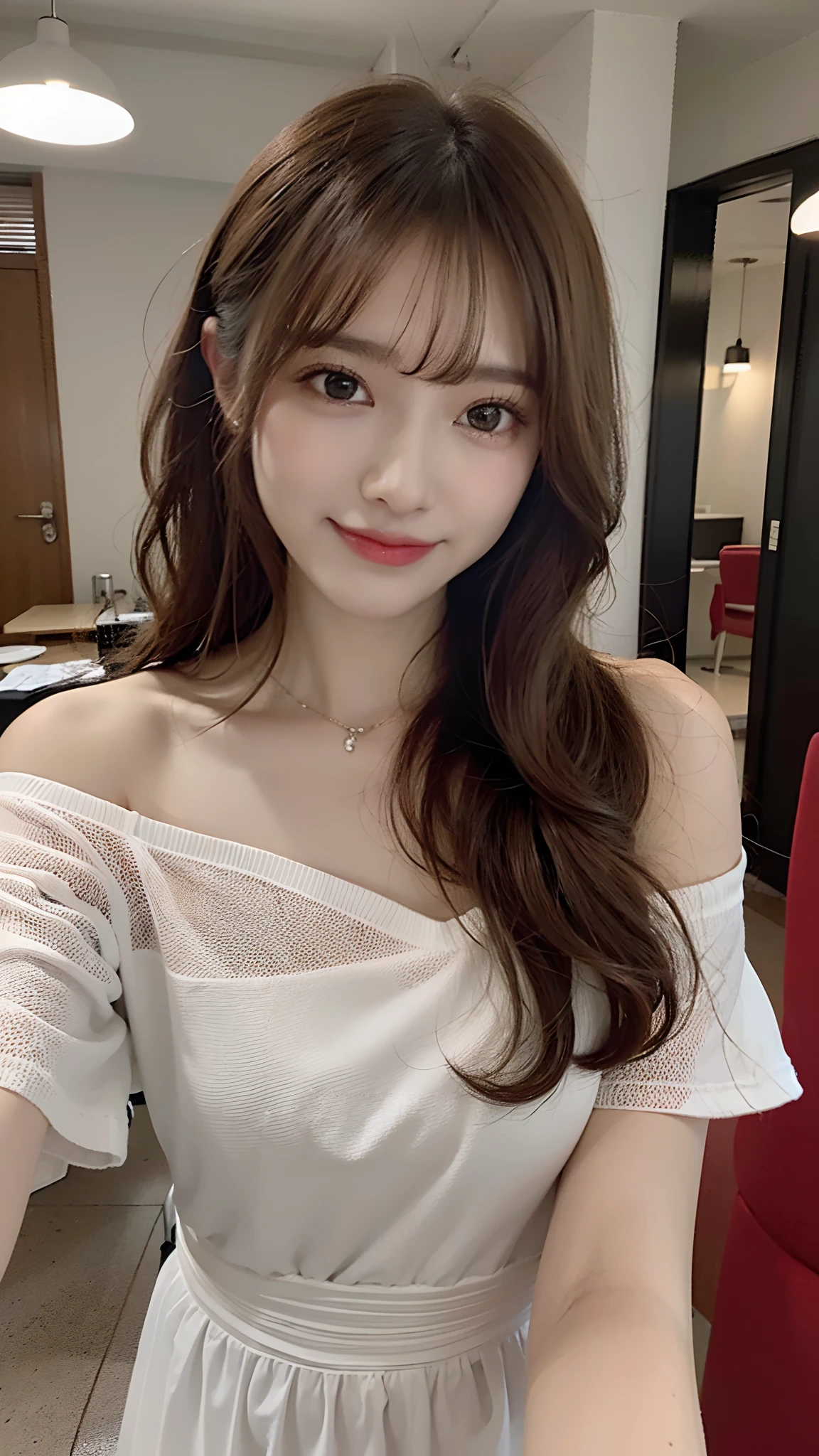 (obra prima:1.3), (8k, Fotorrealista, Fotografia RAW, Qualidade de imagem superior: 1.4), High school girls from Japan、(Random Hairstyles:1.2)、Super Detalhe Face、Olho no detalhe、Double eyelidm、foco nítido:1.2、mulher presa:1.4、cabelos castanhos claros、qualidade superior、obra prima、超A high resolution、(Fotorrealista:1.4)、very detailed and professional lighting、delgado、(Sorriso marcante)、(linha dos olhos:1.5)、maquiagem pesada:1.8、linha dos olhos:1.8、(looking at the camera)、Usando um vestido de noite off-the-shoulder、Os ombros ficam expostos:1.8、Estar no grande lobby de um hotel de luxo、(clivagem da mama:1.5)、