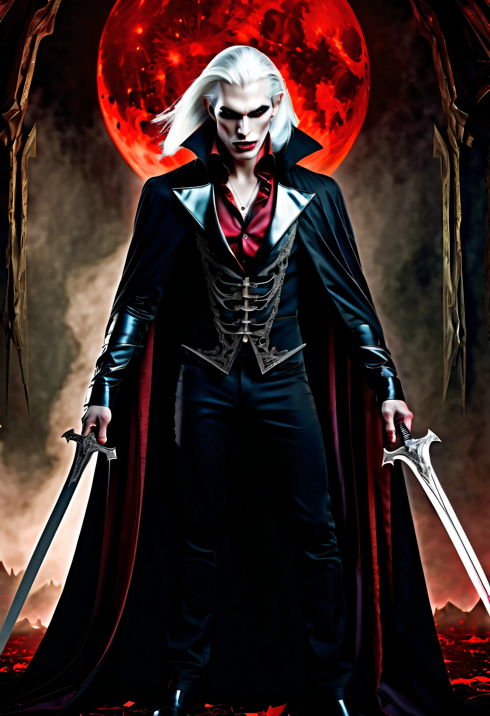 (((stunning and surreal masterpiece of sleek and mysterious vampire:1.3))), smooth and flawless skin, cool triangle face, platinum hair, full body shot, from side, holiness and chaos and god wish, both beautiful and unsettling, (gripped it tightly intricate detail blood sword:1.3), god-like power and ominous nature. skin glows with a celestial radiance, jagged edges shimmering and crystalline structure focal point is a towering, fantastical realm, ethereal presence, level of detail is astounding, ethereal mist, every brushstroke capturing, brilliantly shining masterpiece,