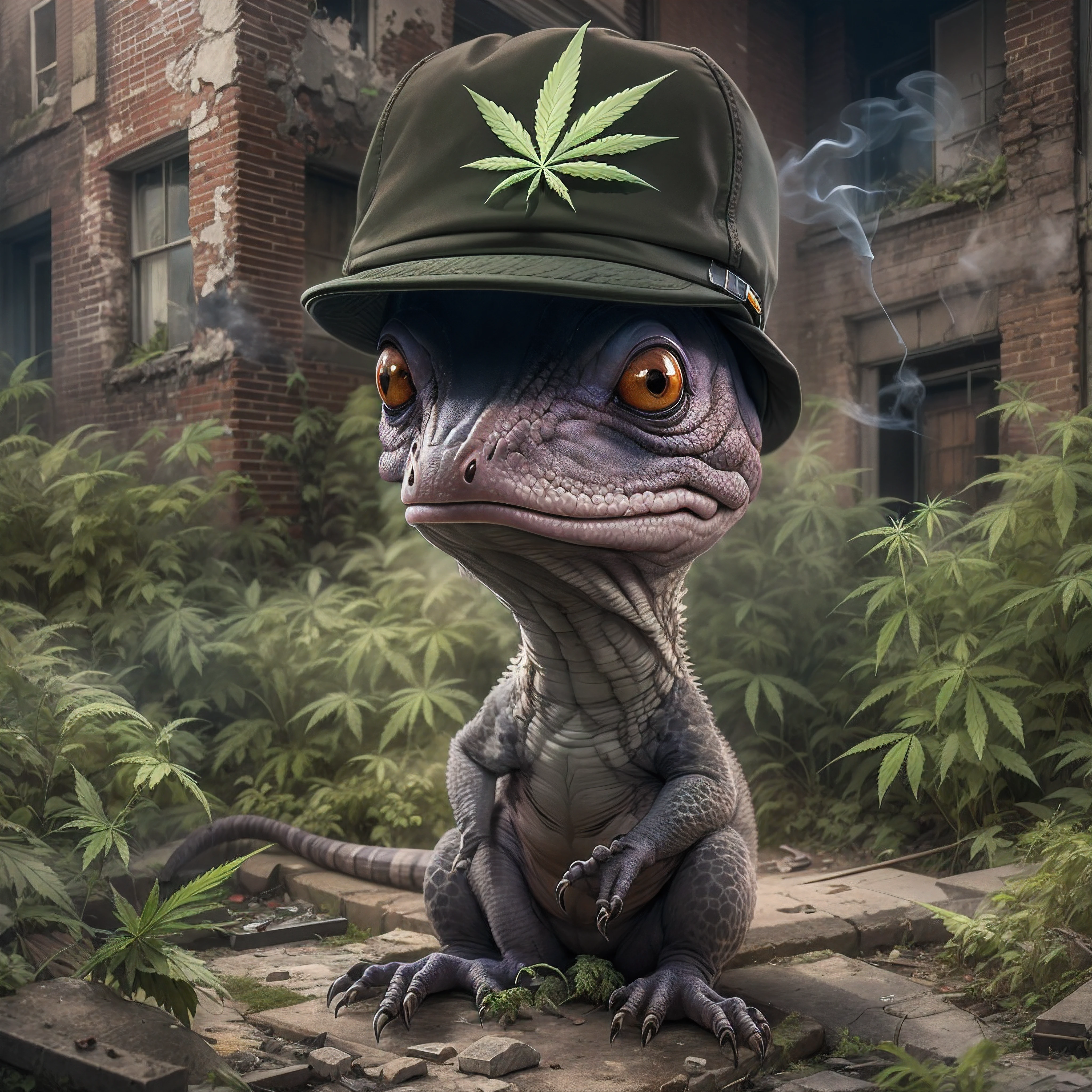 Brontotheriidae covered in marijuana wearing a BLACK flat cap hat is SMOKING MARIJUANA in the middle of the abandoned city