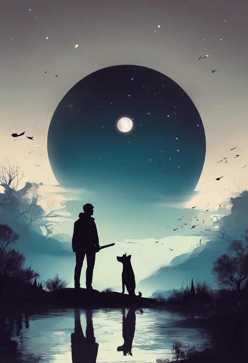 silueta de una persona mirando al cielo con su perro en un paisaje en la noche