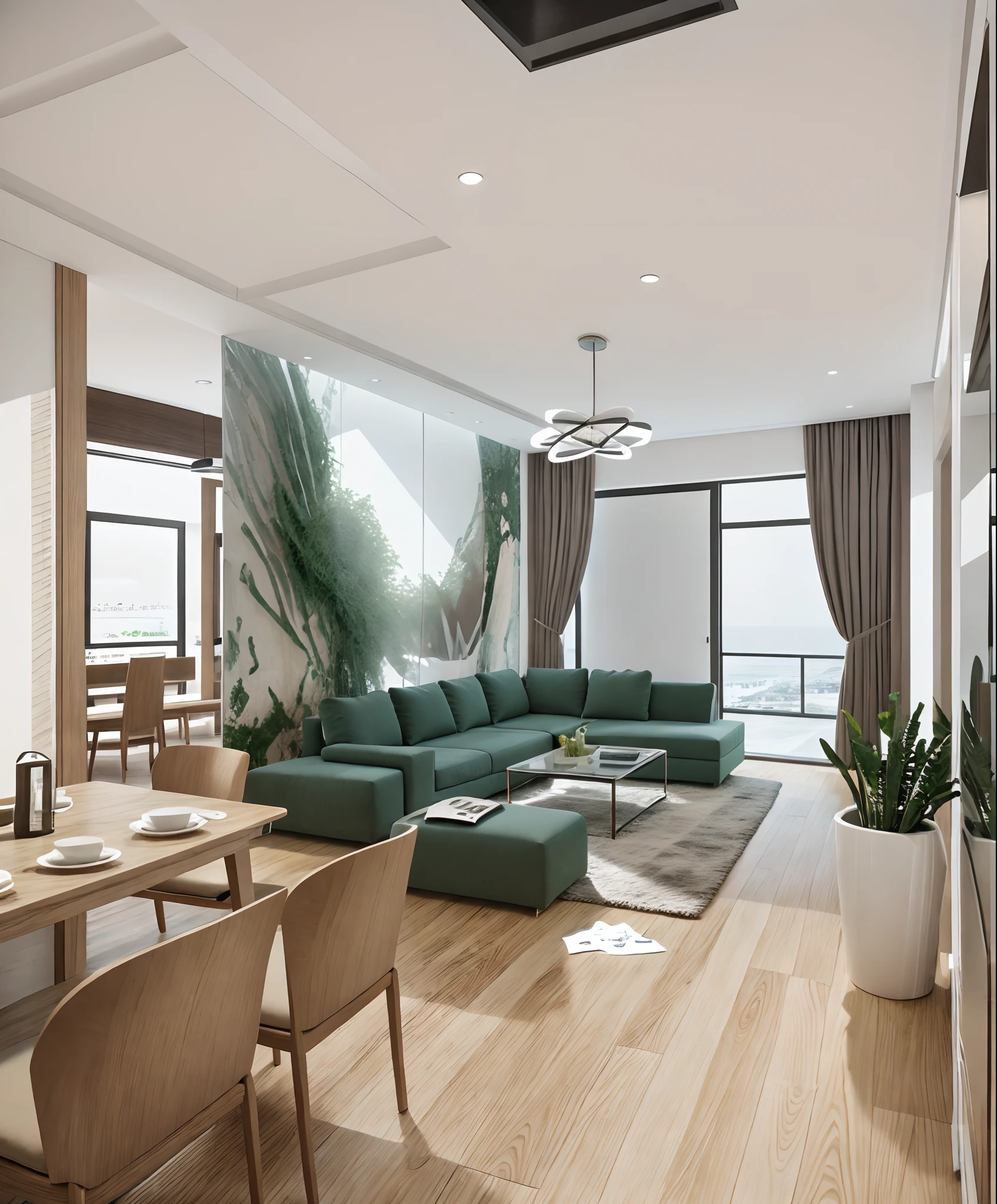 Modern living room, glass windows, sofa, white marble dining table top, wall-mounted TV, white TV shelf, (white glass cabinet), (dark wooden floor), natural style deco wall , high plaster ceiling, warm light tones, vray rendering, most detailed, shimmering light, high quality