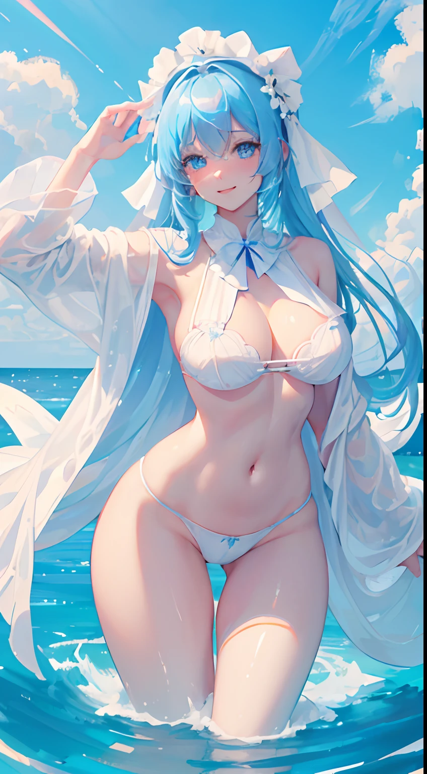 1 girl, Philfia Ingram, Solo, chest, looking_at_viewer, blush, mouth, lips, smile, bangs, light blue hair, light blue eyes, large_breasts, bow, ribbon, navel, cleavage, focus on breasts, taking one in her face, string,, on the face, in, blue underwear, (( A large amount of white liquid on the legs)))), ((a large amount of white liquid on the belly)))), (((a large amount of liquid white on the chest))), ultra detailed water, ultra realistic water, wave effect