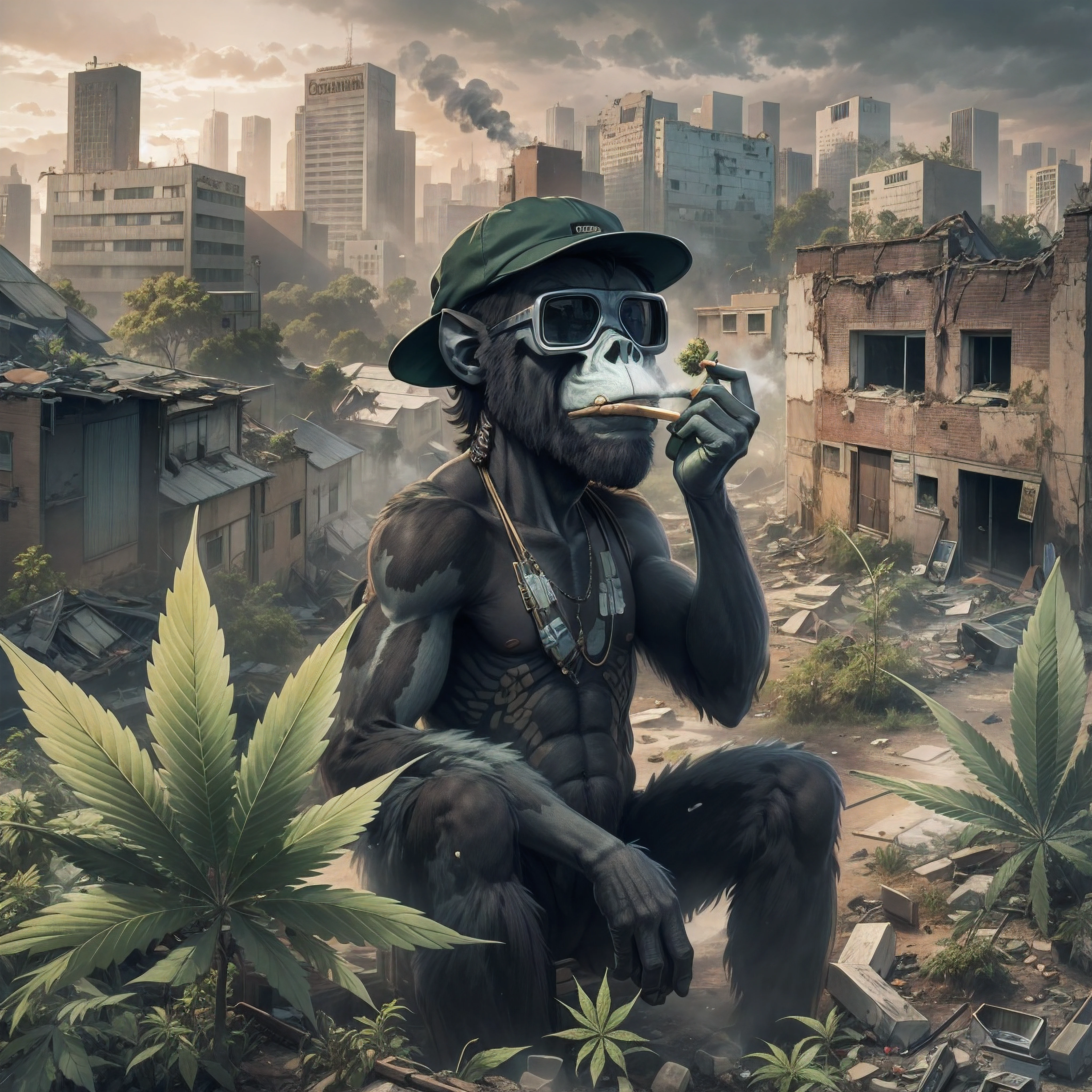 Paranthropus covered in marijuana wearing a BLACK flat cap hat is SMOKING MARIJUANA in the middle of the abandoned city