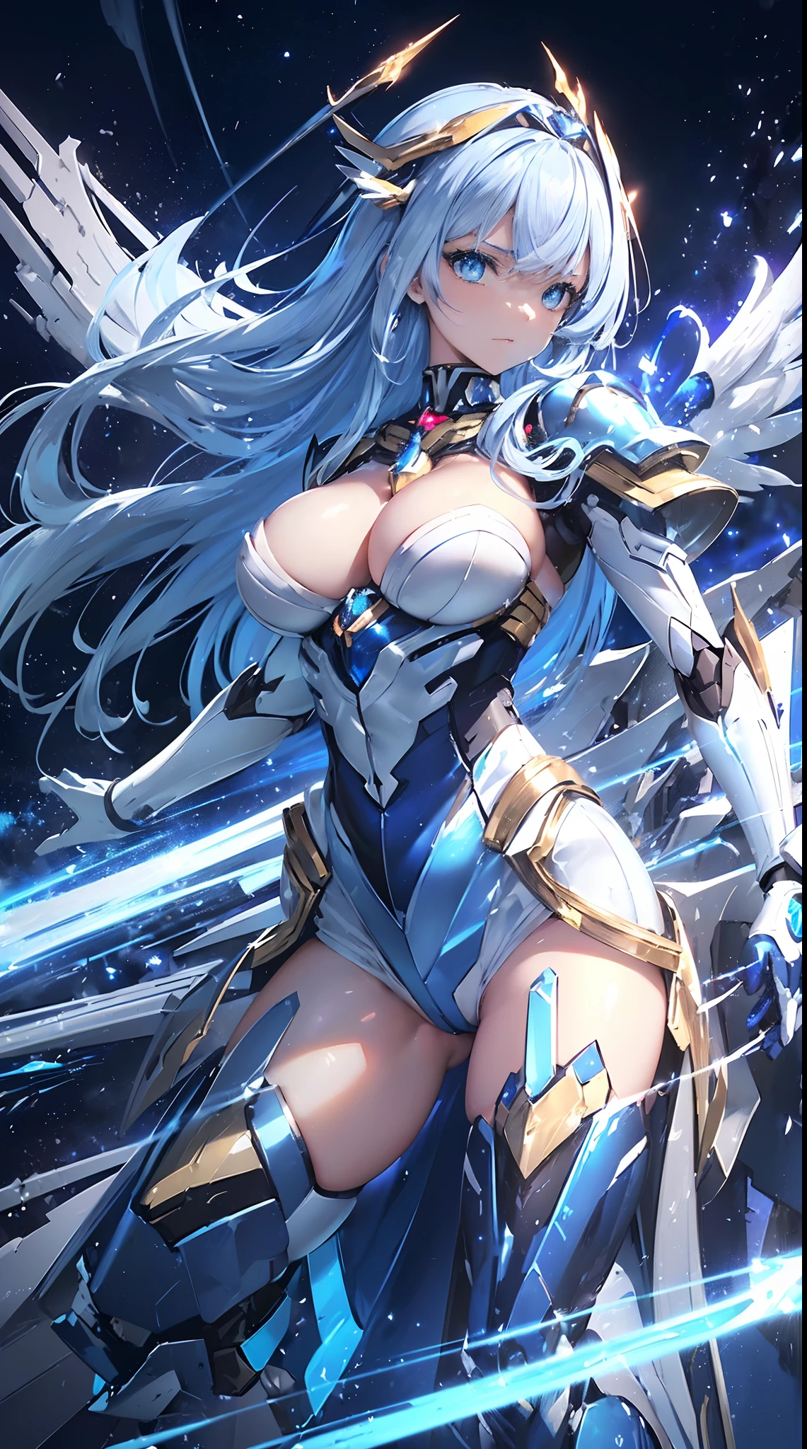 ((masutepiece)), ((Highest Quality)), (Ultra High Resolution), superfine illustration, Highly detailed face, Raw photo, Professional, Ultra-fine painting, Detailed metal texture, Detailed Cloth Texture, Perfect Anatomy, real, (Solo), ((Beautiful woman dressed as a mecha angel)), Beautiful breasts, concept-art, (Battle Pose), Detailed Science Fantasy Art, (Beautiful and shiny silver hair), ((Has large and beautiful sapphire blue mechanical wings)), (Beautiful blue eyes), (Detailed beautiful eyes:1.6), (mecha:1.6)Sleek and menacing design, (action pose), (Pearl white and sapphire blue heavy weapon long-range attack weapon type armor dress for marshals only), Starry sky, NSFW