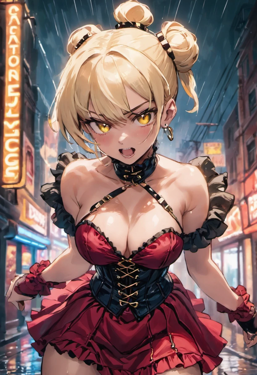 closeup photograph, Self-confident young cyberpunk with blonde and white hair in a bun, llevar una blusa roja con un cuello alto y volantes negros, a black corset with gold chains and a red skirt with black ruffles, en una calle empapada por la lluvia por la noche, fotorrealista, cinematic lighting,cabello largo, rubia, ojos verdes, cuerpo atletico, cheerful expression