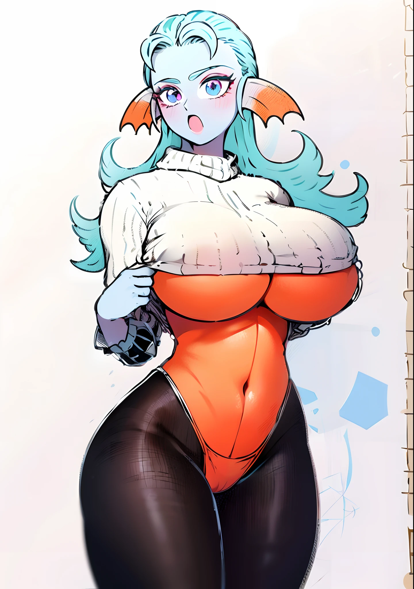 8K,High quality,Animated,married,Beautiful,Bright,Eye Highlights,Purple eyes,Sexy,ultra gigantic tits,oversized tits,Dark blue ,Erotic,beautiful line art. Blue skin, Blue and orange gradient fins, , Nothing on, Nothing on, Nothing on, , Red sweater is hidden, Clearly drawn eyes,