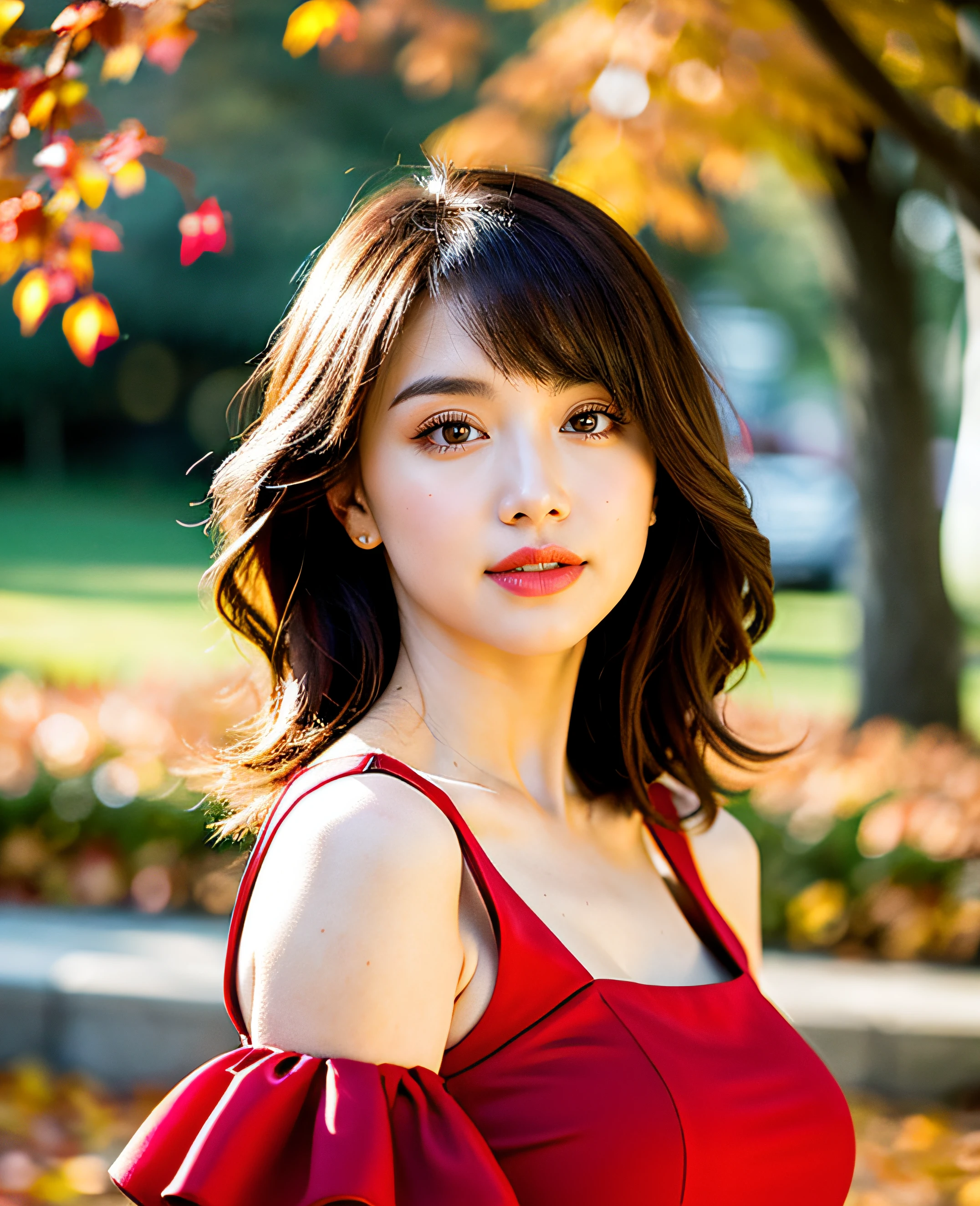 (((Medium Hair))), Top Quality, 8K, Absurdity: 1.2, Background Blur, Bokeh: 1.2, Photo, (Raw Photo: 1.2), (Photoreal: 1.4), (Complex Details: 1.2), Nice Women, Delicate and Beautiful Details, (Detailed Eyes), (Detailed Facial Features), Petite, (((Normal Breasts))), Beautiful Skin, (Best Quality: 1.4), (((Dark Red) Shoulder dress))) Beautiful autumn leaves background, (((full body shot))),