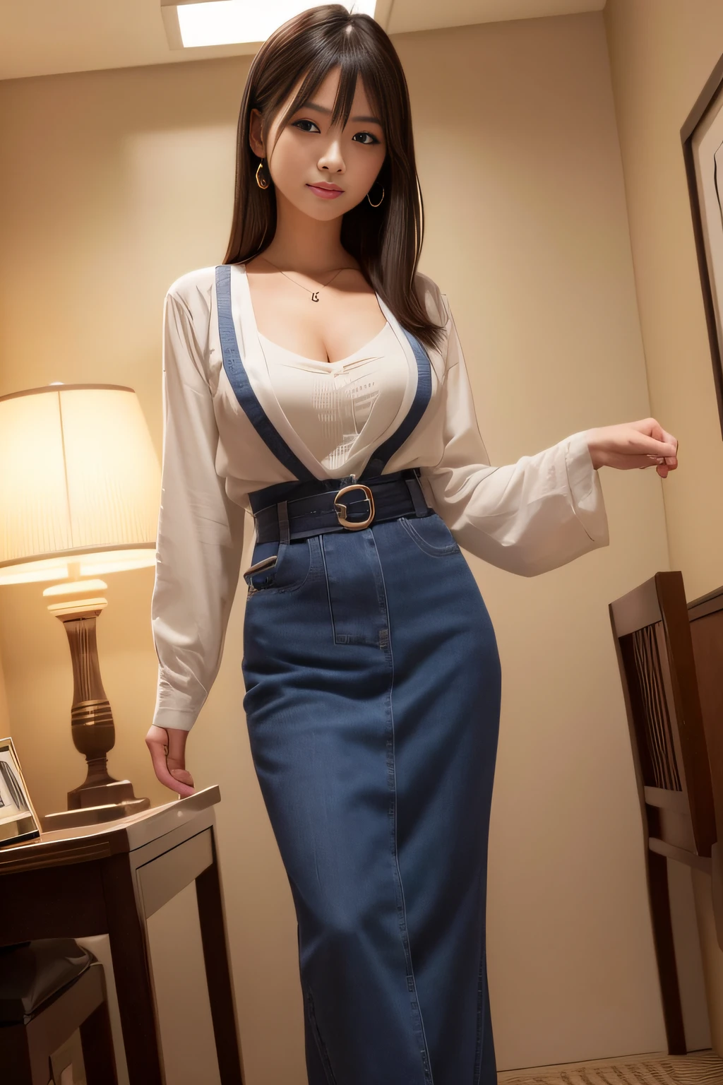 of the highest quality, masutepiece, 超A high resolution, (Photoreal: 1.4), Front view, Half body, western clothes, famous japanese actress, a very beautiful woman, Cute, Nice smile, Cinematic 35mm lens, F/1 .8, Accent Lighting, 8K, a room, Beautiful double eyes with equal left and right eyes, Hands down, hotel