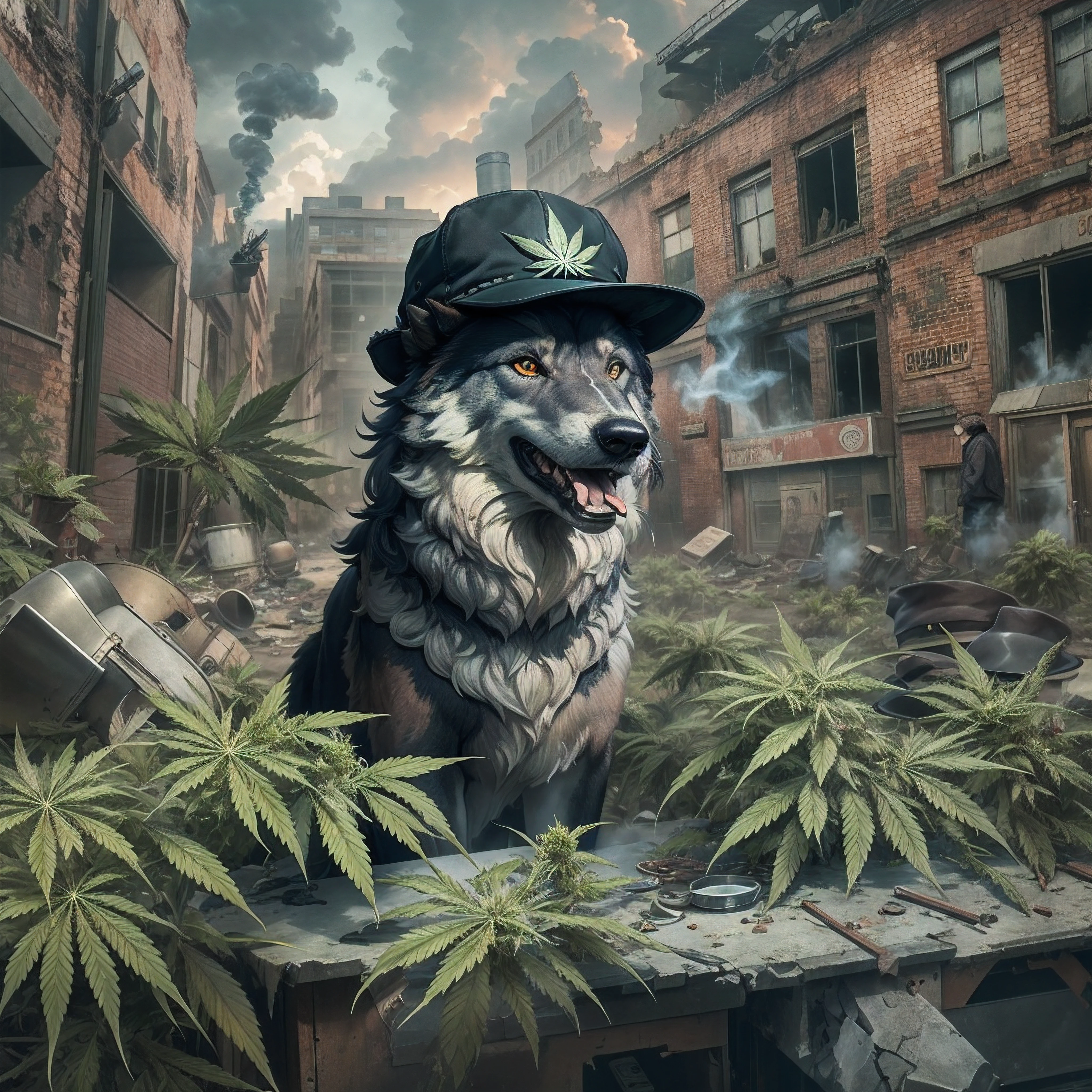 Dire Wolves covered in marijuana wearing a BLACK flat cap hat is SMOKING MARIJUANA in the middle of the abandoned city