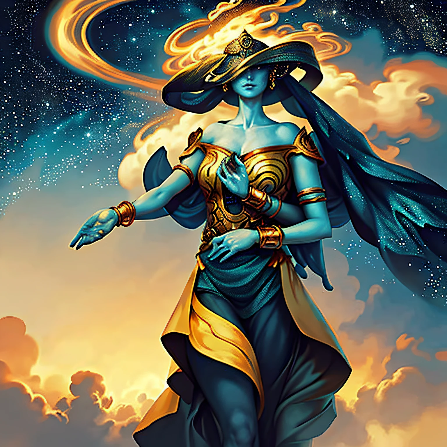 A female goddess dressed in mist and veils of nebulae holds a small golden galaxy in her hands as if holding a scale of stars, the cosmos rotating around her as well as destruction and creation.