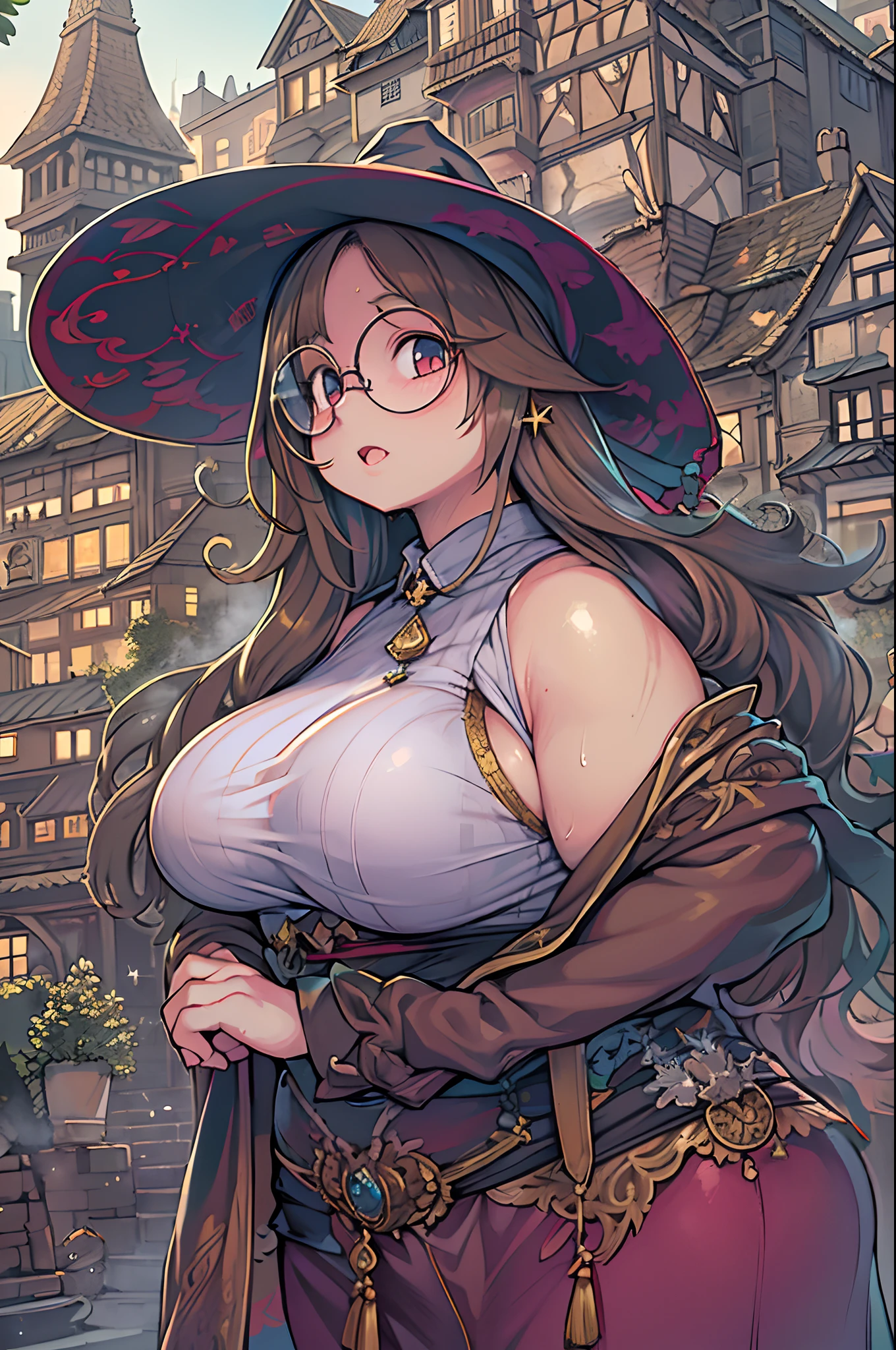 Fantasy,magic power,Realistic Girl Witch、(bbw:1.2)、huge-breasted、Anime style、Round glasses、Medieval cityscape、Ultramammy