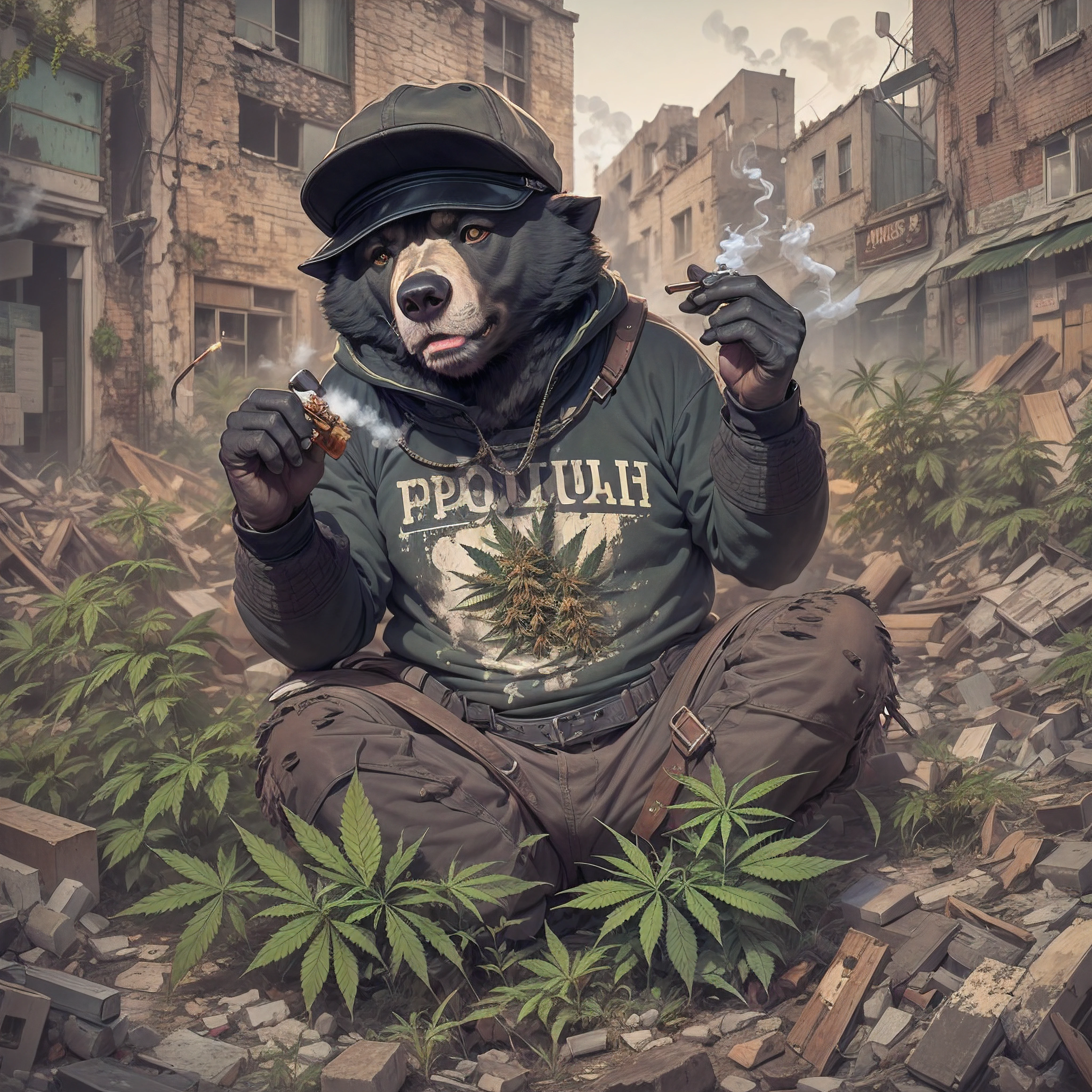 Andrewsarchus covered in marijuana wearing a BLACK flat cap hat is SMOKING MARIJUANA in the middle of the abandoned city