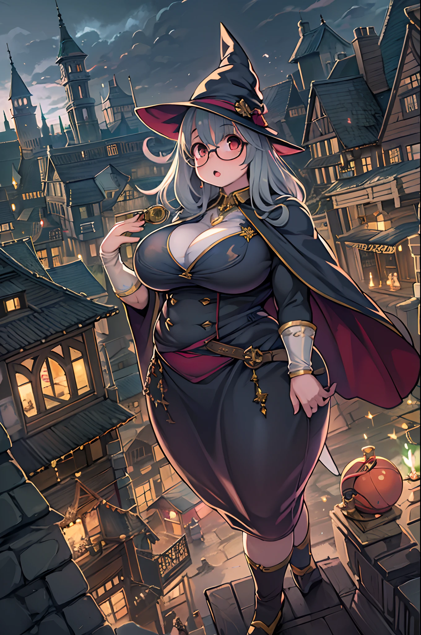 Fantasy,magic power,Realistic Girl Witch、(bbw:1.2)、huge-breasted、Anime style、Round glasses、Medieval cityscape、Ultramammy