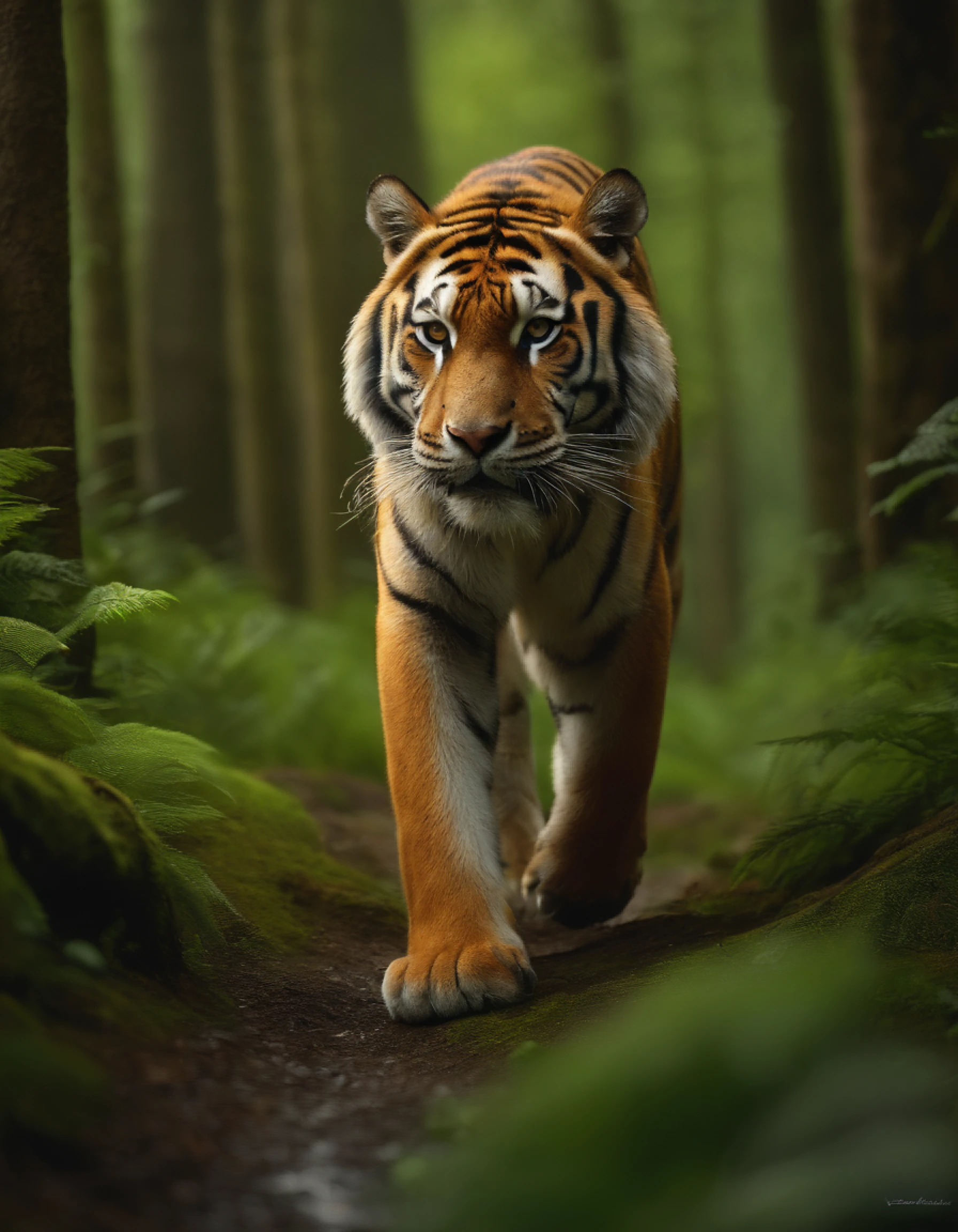 A majestic Siberian tiger is walking through a lush green forest in the rain,With vivid colors and realistic textures,The style is based on works by Vincent van Gogh and John James Audubon,Render with Octane,4K分辨率,Sony Master Lens,Cinematic lighting,Background bokeh,depth of fields,Photoreality。
