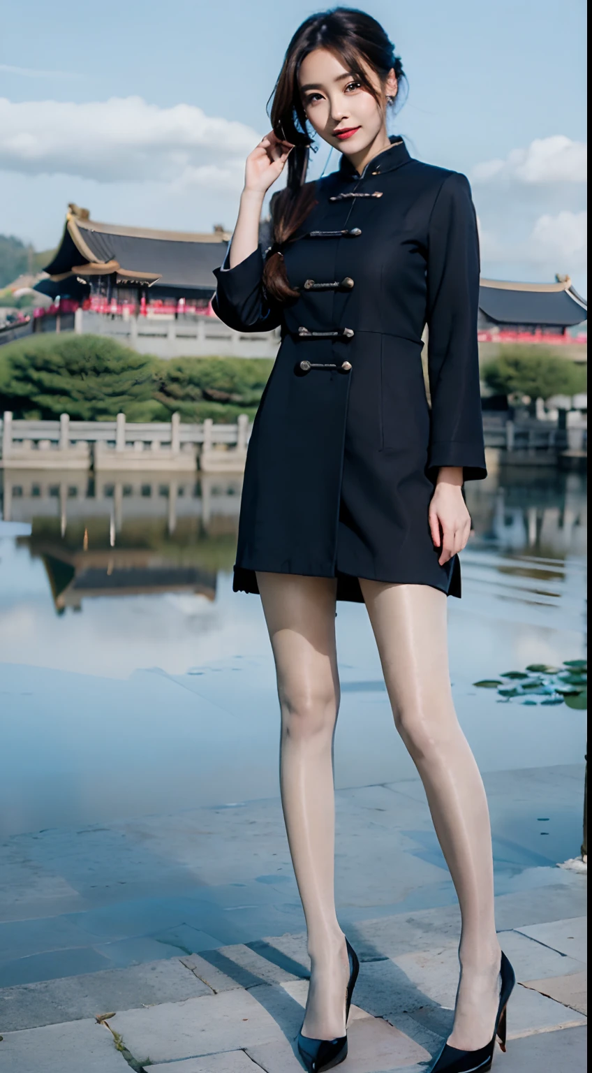 ((Best picture quality, 8K, tmasterpiece:1.3)), Two women, Beautiful woman with slender abs:1.3, (Casual hairstyle, No leakage of big breasts:1.2), shift dresses:1.1, Ultra-fine face, A detailed eye, 二重まぶた，ssmile，Opaque thick pantyhose，high-heels，standing on your feet， wind coat，high-heels，ancient buildings of China，Facing the audience，waved hair，ponds，lotuses