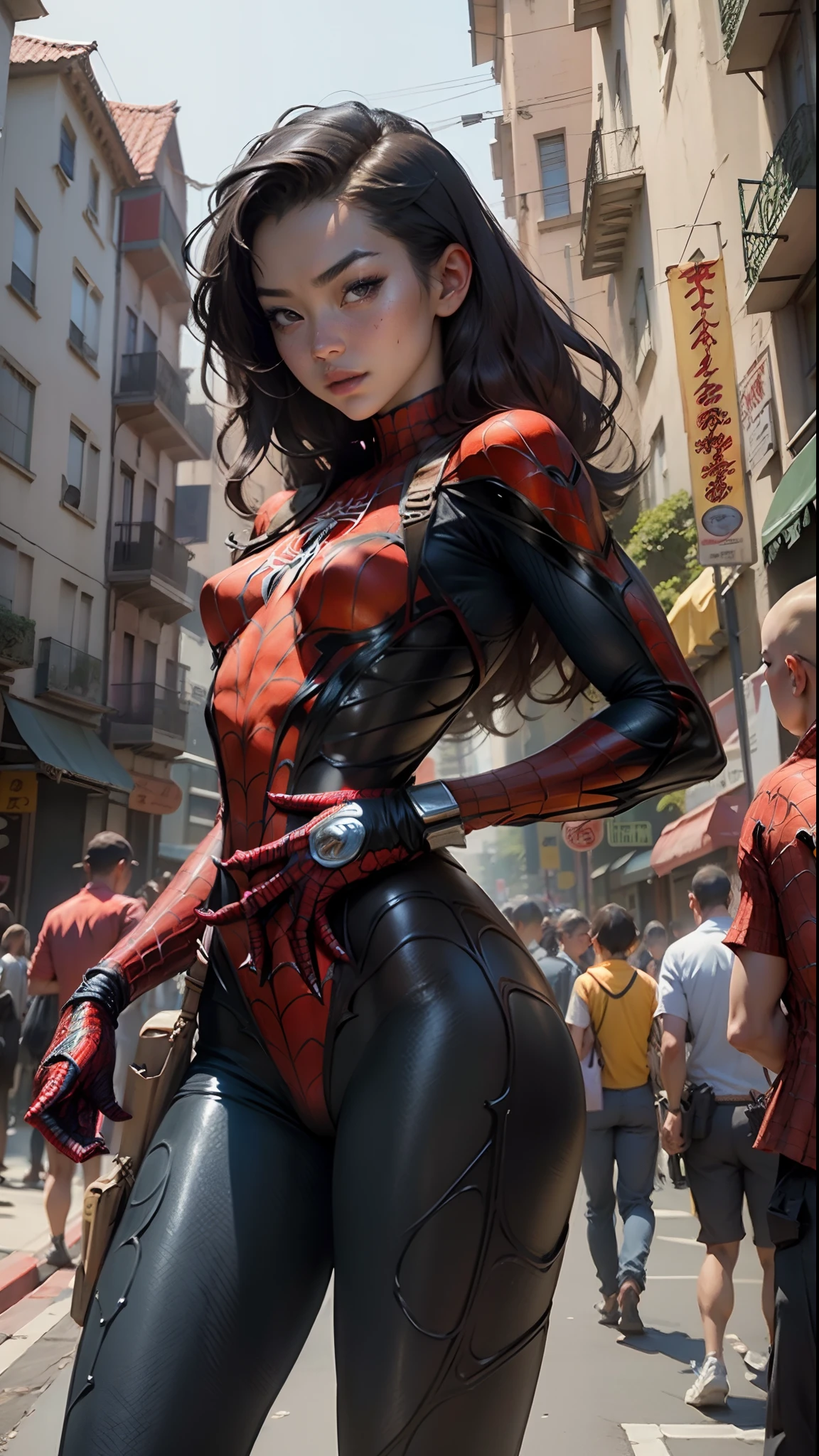 Beautiful woman detailed defined body using spider man cosplay,Small breasts in Chinatown