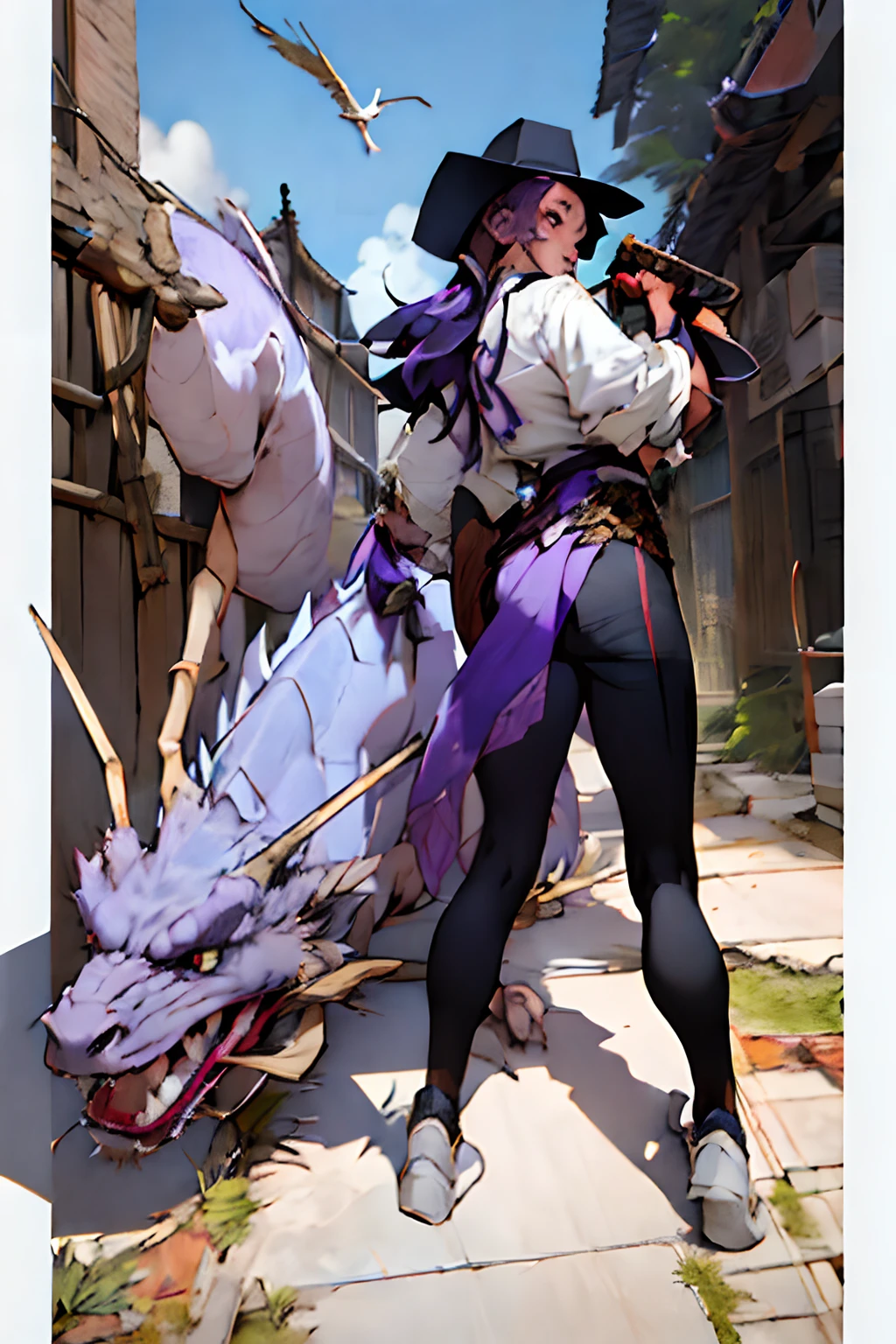girl, purple hair, she is holding an ancient Chinese sword, letterboxed, holding, outdoors, bird, standing, cloud, 1boy, weapon, from behind, sky, cloudy sky, animal, holding weapon, eastern dragon, monster, 1other, hat, fog,