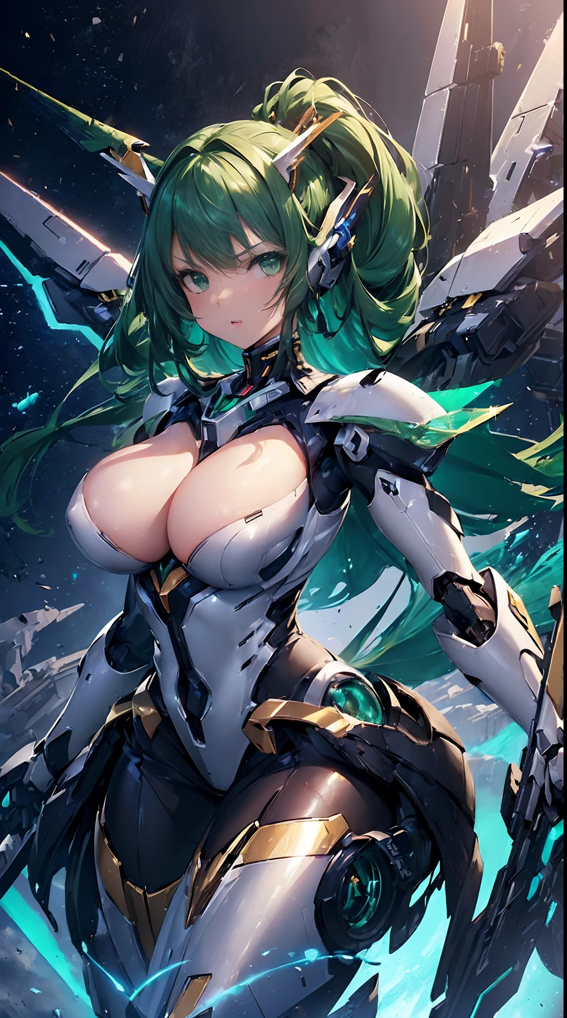 ((Masterpiece:1.2)), ((highest quality)), (Ultra High Resolution), super fine illustration, detailed metal texture, detailed cloth texture, highly detailed face, raw photo, professional, ultra-fine painting, perfect anatomy, real, ((solo)), ((woman dressed as a mechanical angel)), beautiful breasts , concept art, (battle scene), detailed fantasy art, (green hair), (has large emerald green mecha wings), ((mecha:1.4)) sleek and menacing design, ((Action pose)), ((Pitch black and emerald green melee armor dress for marshals)), Symmetrical wings, (otherworldly), no robot, NSFW