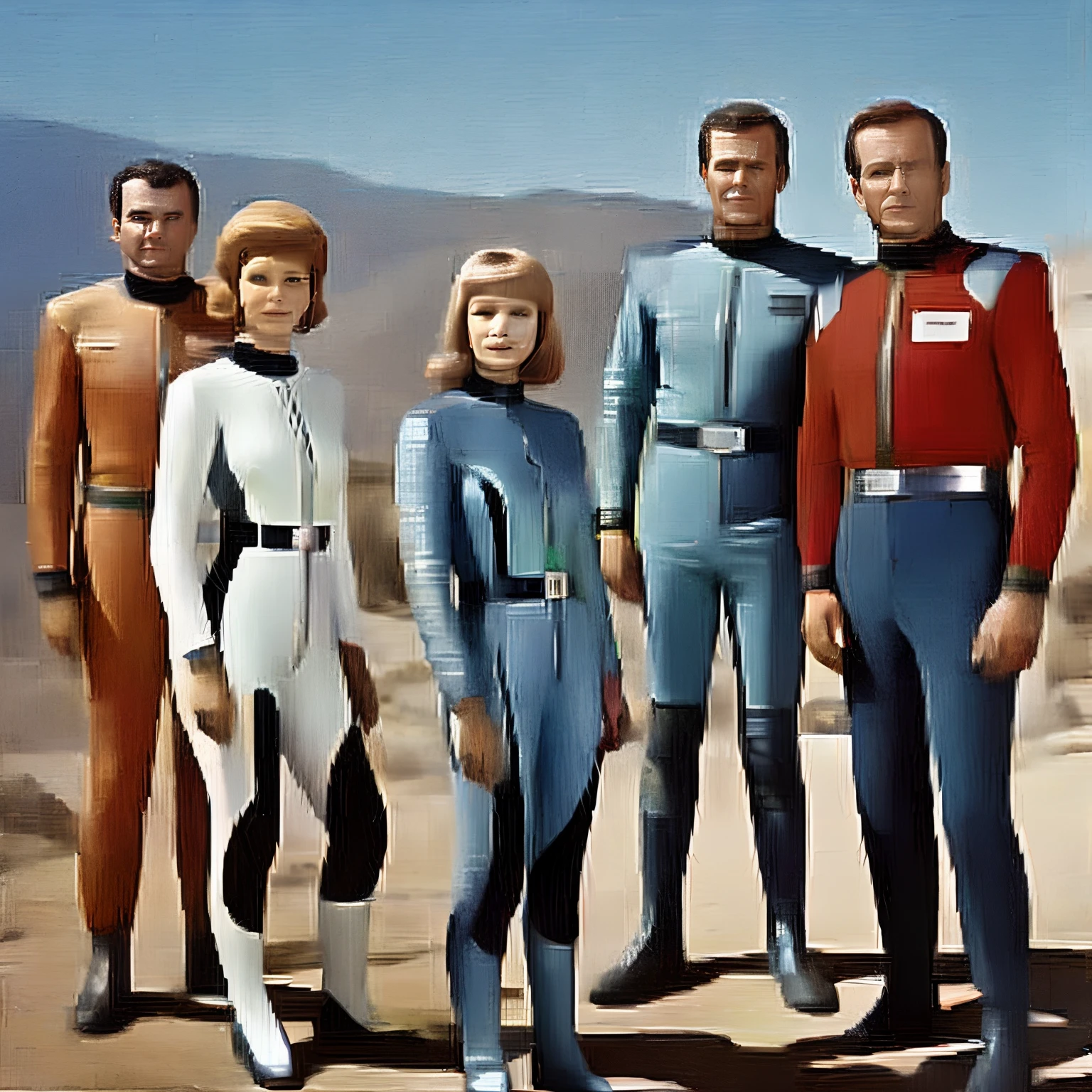Image of a group of people in spacesuits standing in a desert, 1 9 6 0's sci - fi, vintage sci-fi, Sci Vintage - Fi, Retro Sci - Imagem de FI, Sci Retro - Fi, retro science fiction, retro science fiction, Sci-fi dos anos 70, 1 9 7 0 s sci - fi, Uniformes da Frota Estelar