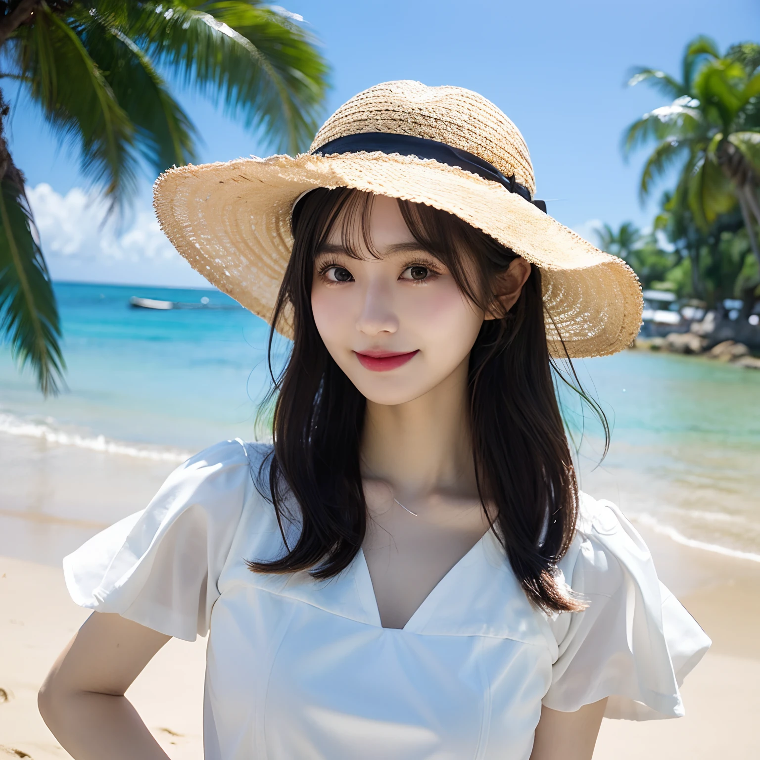 面長、C-shaped eyebrows、kindly smile、kawaii、23years old、japanes、Moe Iori、huge tit、hiquality、the beach、Into the cloud、a straw fedora hat、White dress、sima、hiquality
