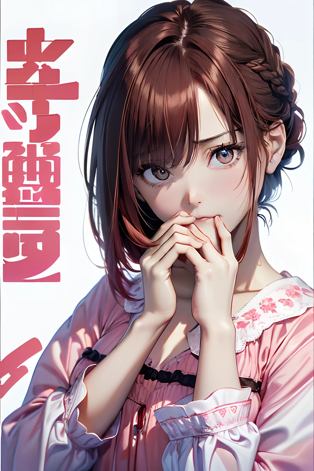 (Best Quality, 8K, Oil Painting, masutepiece:1.2), Ultra-detailed, (Realistic, Photorealistic:1.37), (((FULL BODYSHOT)))、Vibrant colors, (((Disappointed look)))、(((Black and pink nightgown)))、(((Girly Nightgown)))、(((20Women of a certain age)))、(((Slightly vacant chest)))、Studio Lighting, (((red hairs)))、(((Shoulder-length bob hair)))、((( White background))), (((I'm hesitant.)))、(((Girly Hairstyles)))、(((bobhair)))、(((In front of a white wall)))、(((Cover your face with your hands)))、(((There is a margin at the top of the head)))、