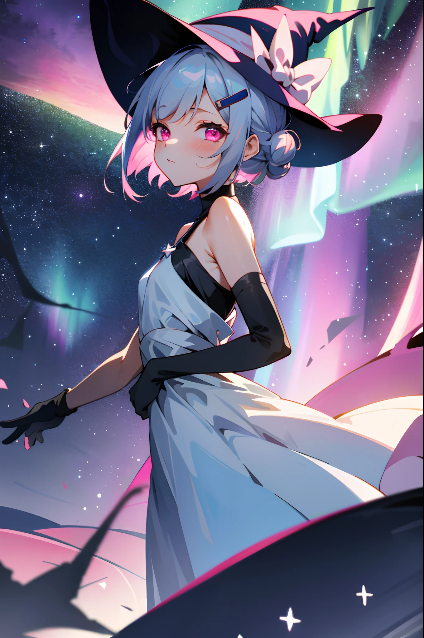 1girll, Solo, (Witch Hat),  Short hairstyle with silver hair and bob, Hair tied in a bun with a hair clip, Pink eyes、small tits, Dress, Aurora, Night, Star (skyporn), mitts, skyporn, White Dress, night day