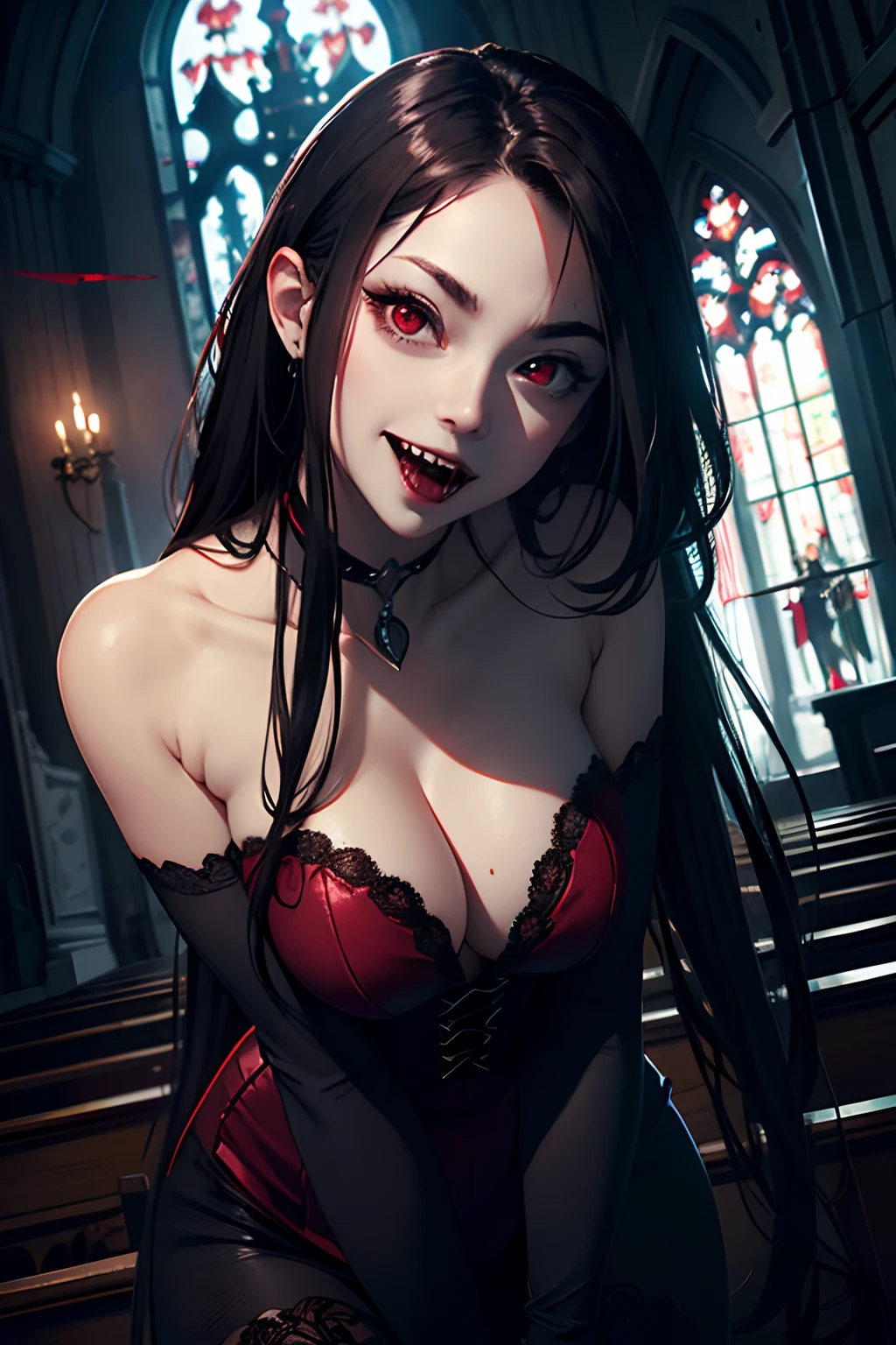 best quality, ultra-detailed, highres,
(Vampire:1.3),
dynamic pose, dynamic angle, very long hair, red eyes, smile sinisterly, sharp fangs, ruined church,
depth of field, professional lighting,