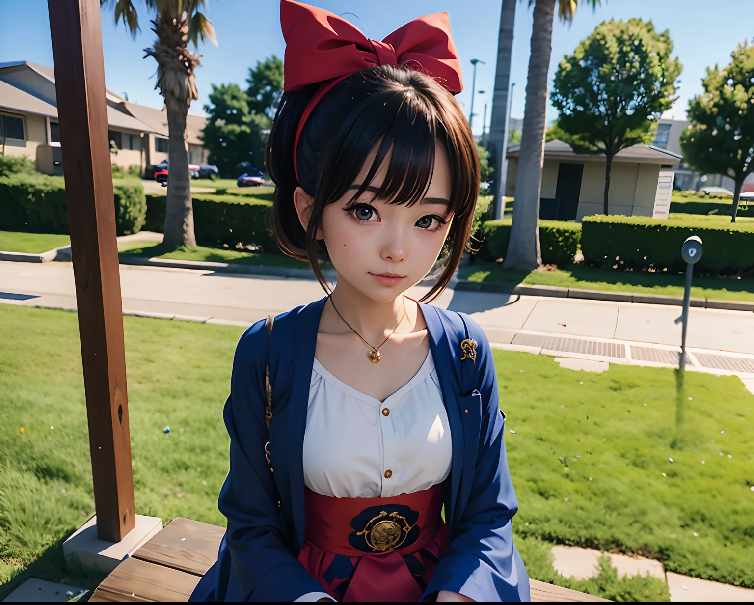 anime girl in a blue dress sitting on a bench in a park, golden hour light, realistic anime 3 d style, artwork in the style of guweiz, guweiz, anime style. 8k, golden hour light, portrait of an anime girl, anime style 4 k, kawaii realistic portrait, anime style portrait, ayaka genshin impact, high quality portrait, beautiful anime portrait, anime realism style