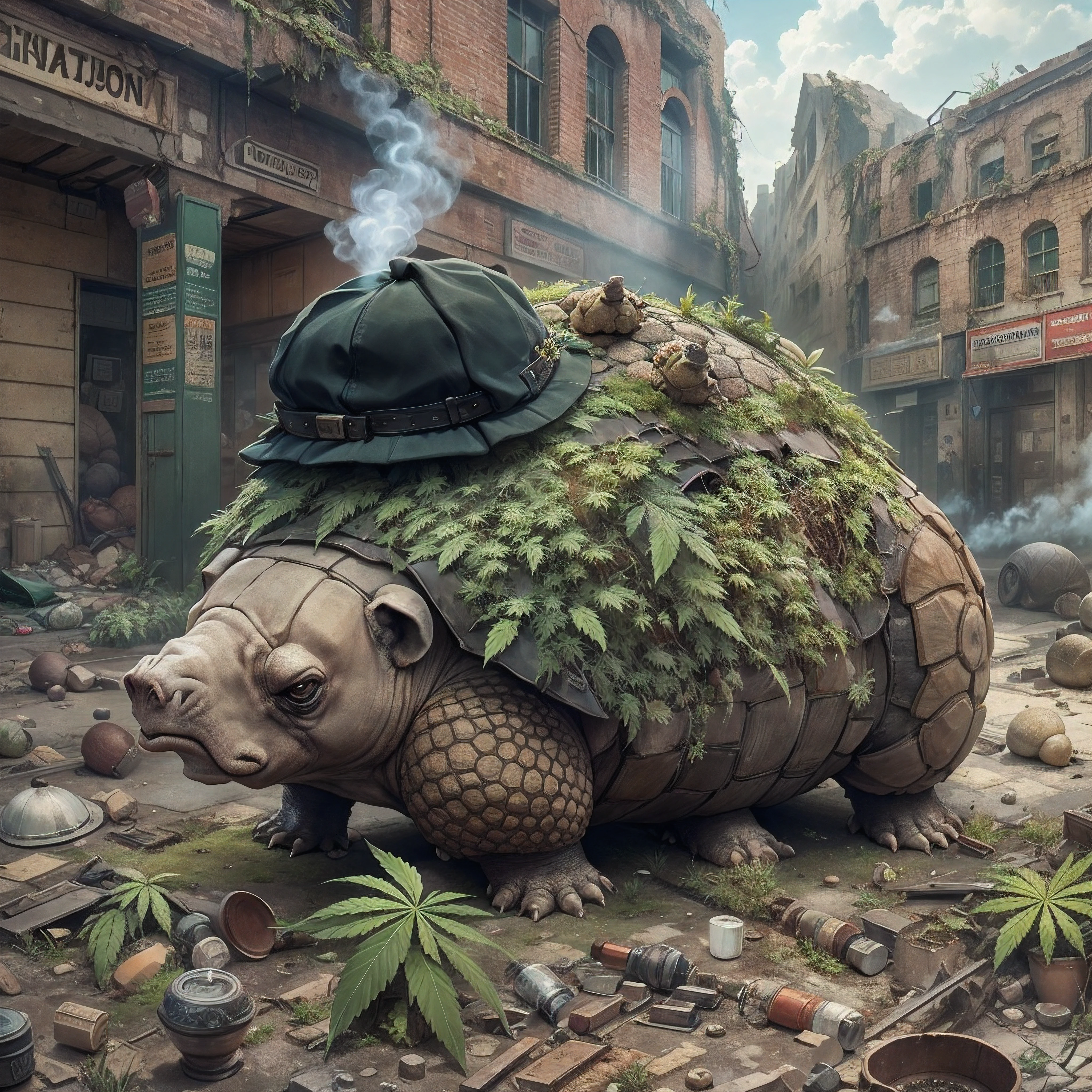 Glyptodon covered in marijuana wearing a BLACK flat cap hat is SMOKING MARIJUANA in the middle of the abandoned city