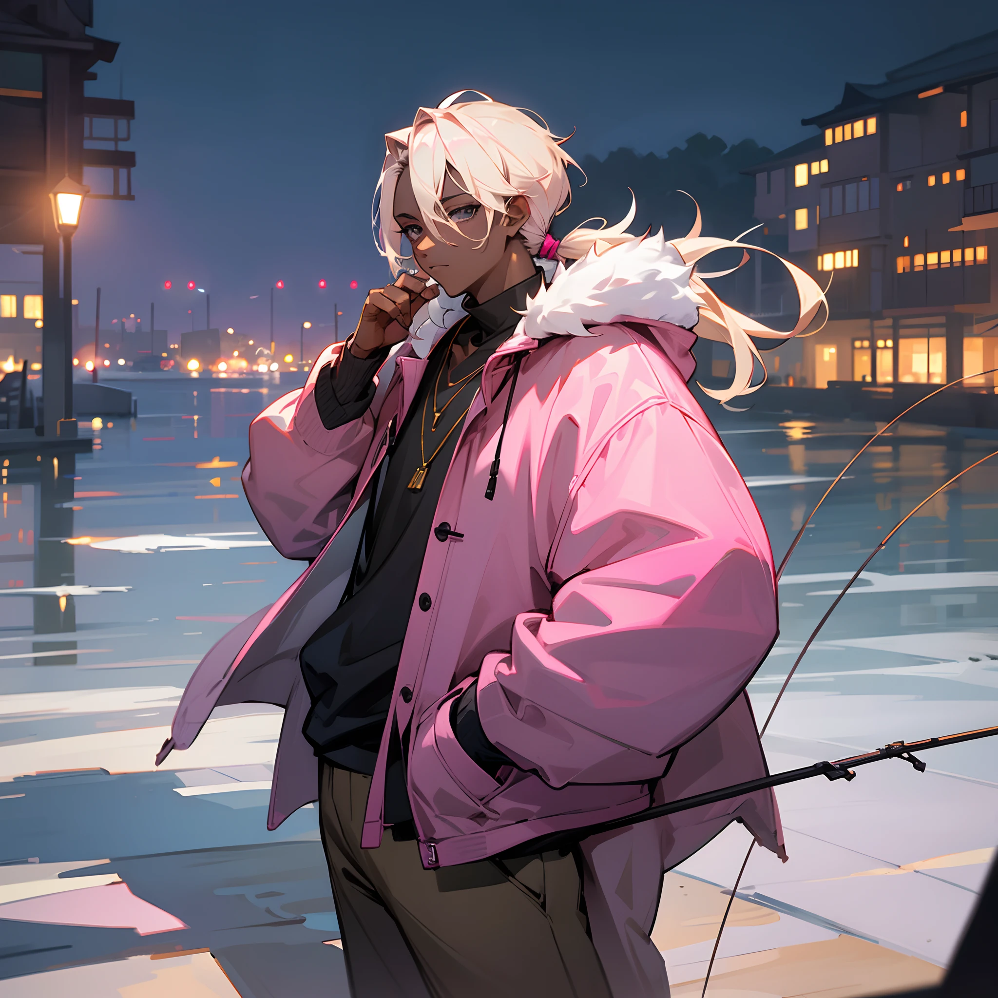 1male, young, dark skin, pale blonde side ponytail with pink highlights, grey eyes, loose casual clothes, jacket with oversized fur hood, necklace, best lighting and shadows, night time fishing village, posing with hand in pocket