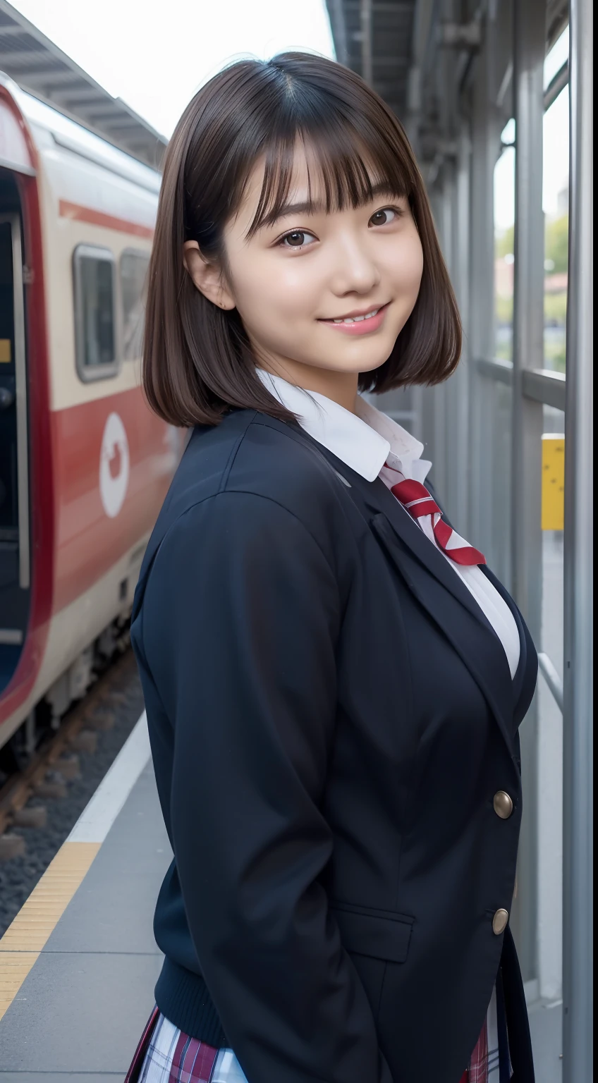 masutepiece, Best Quality, (1日本人の女の子), 15yo student, glamorous, ((completely :1.2)), ((full body Esbian)), (Pretty round face),(tanned brown skin), (Black hair), (short-cut, Bangs), (Smile), ((Very big:1.2)), school uniform, blazer, cardigan, jacket, long sleeves, pleated skirt, white shirt,Commuter train, ((NSFW:1.1)), huge breasts