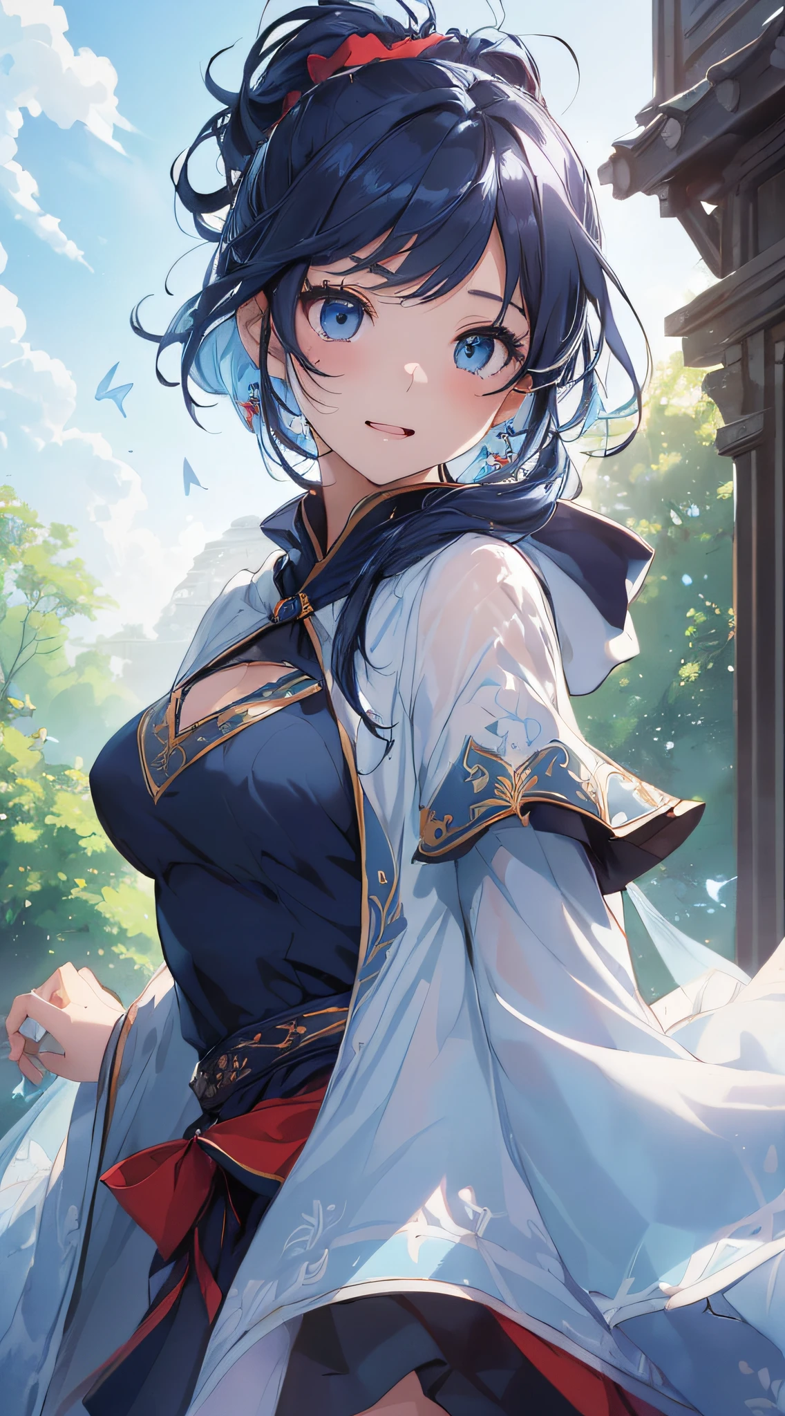 top-quality、Top image quality、masterpiece、girl with((cute little、18year old、Best Bust、Medium bust、Bust 85,Beautiful blue eyes、Breasts wide open,Ponytail with black hair、A slender、Blue hair mesh、white t-shirts,red cloak、falda corta,Laugh、Leaning forward、Flying in the sky、Reflecting the whole body、Fluttering cloak、Fluttering short skirt))hiquality、Beautiful Art、Background with((blue-sky、mid air、flying though the air)),masutepiece、Elaborate design、visualart、depth of fields、The best lighting、highestdetailed、8k