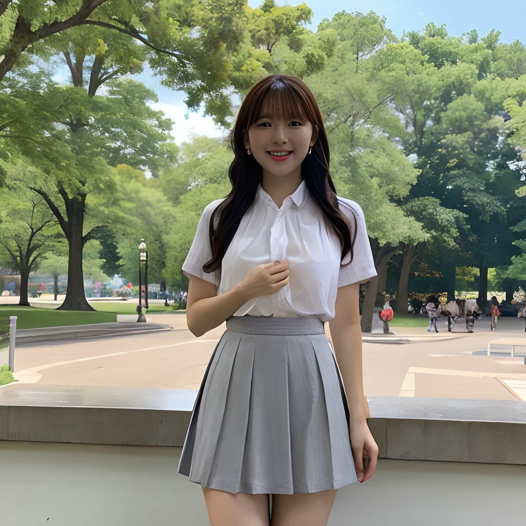1girl in、white shirt、ample breasts、grey skirt、In the park in the daytime、Full body photo、Open legs