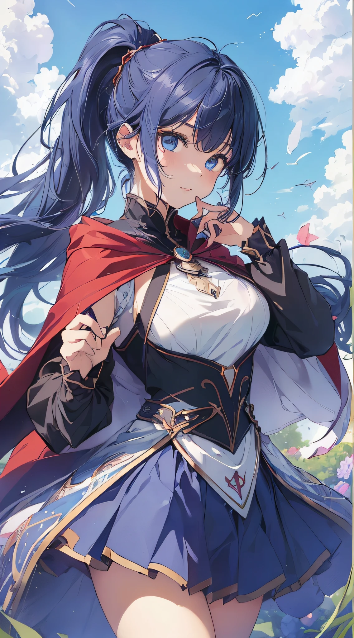 top-quality、Top image quality、​masterpiece、girl with((cute little、18year old、Best Bust、Medium bust、Bust 85,Beautiful blue eyes、Breasts wide open,Ponytail with black hair、A slender、Blue hair mesh、white t-shirts,red cloak、falda corta,Laugh、Leaning forward、Flying in the sky、Reflecting the whole body、Fluttering cloak、Fluttering short skirt)）hiquality、Beautiful Art、Background with((blue-sky、mid air、flying though the air)),masutepiece、Elaborate design、visualart、depth of fields、The best lighting、highestdetailed、8ｋ