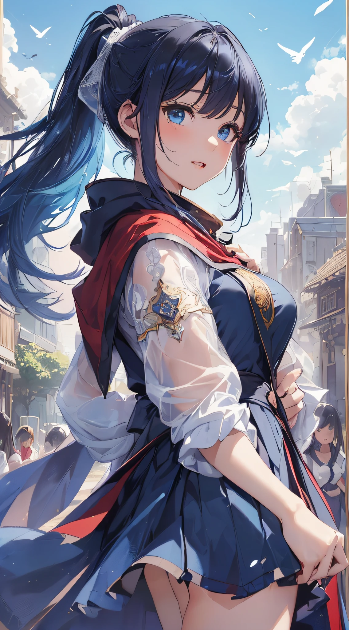 top-quality、Top image quality、masterpiece、girl with((cute little、18year old、Best Bust、Medium bust、Bust 85,Beautiful blue eyes、Breasts wide open,Ponytail with black hair、A slender、Blue hair mesh、white t-shirts,red cloak、falda corta,Laugh、Leaning forward、Flying in the sky、Reflecting the whole body、Fluttering cloak、Fluttering short skirt))hiquality、Beautiful Art、Background with((blue-sky、mid air、flying though the air)),masutepiece、Elaborate design、visualart、depth of fields、The best lighting、highestdetailed、8k