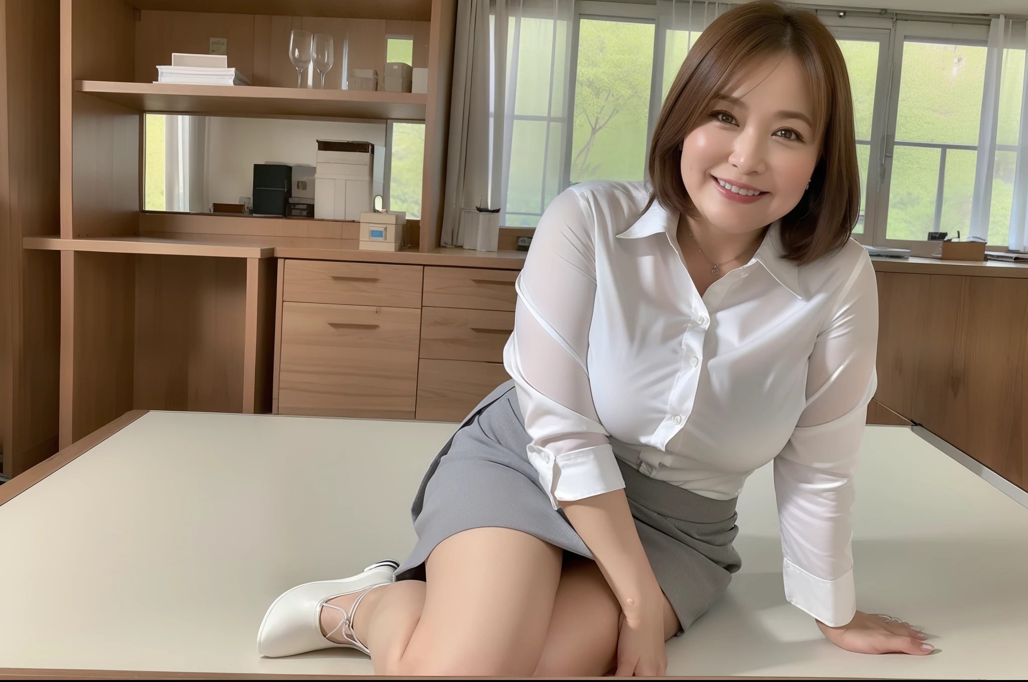 ((Best Quality, 8k, Masterpiece, Portrait: 1.3)), (looking at viewer), (full shot:0.85), attractive business 8 milfs, 8 people, a bit chubby:0.35, white collared shirt, grey skirt, (big breasts and big wasit:0.5), (sitting with cross legs on the desk)), smile, office of CEO,