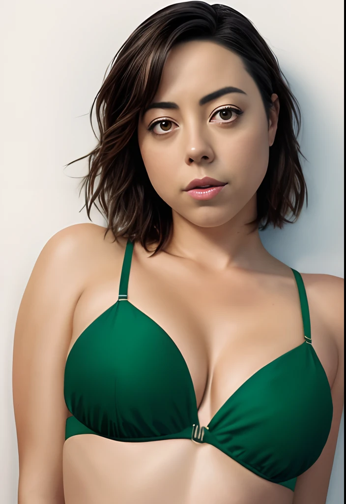 masterpiece, lifelike full body image of AubreyPlaza, wearing a green bikini, photo realistic, highly detailed, detailed face, resting bitch face, dramatic lighting, detailed eyes
