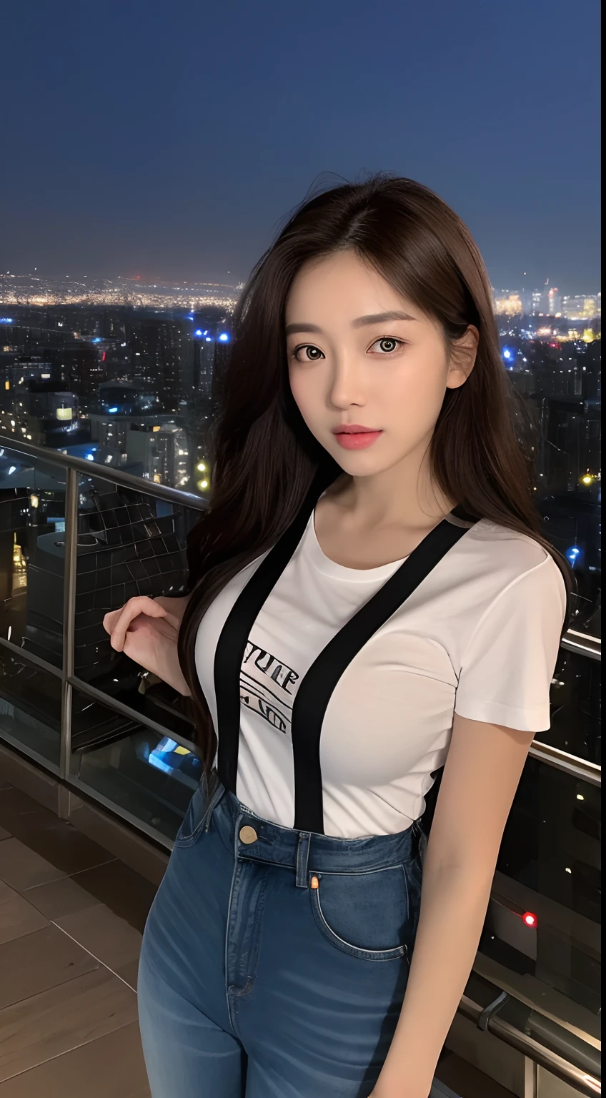 ((Midnight, Best quality, 8k, Masterpiece :1.3)), Whole body, Long legs, Sharp focus :1.2, A pretty woman with perfect figure :1.4, Slender abs :1.1, ((Dark brown hair, Big breasts :1.2)), (White tight tshirt, Jean bib, Standing:1.2), ((Night city view, Rooftop:1.3)), Highly detailed face and skin texture, Detailed eyes, Double eyelid
