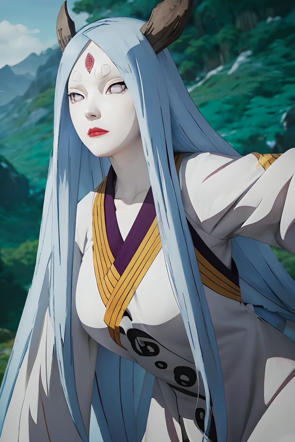 kaguya ōtsutsuki. a woman was standing in the hills wearing a tight, tracing white kimono. she had pale white skin worthy of snow. with tiny, rosy lips. he has long blue hair. he seemed to be staring intently at the camera. so beautiful and realistic