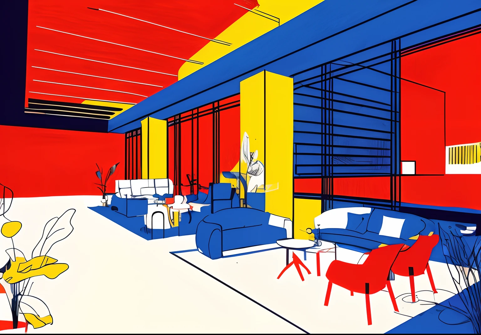 a drawing of a living room with a couch, a chair, and a table, sketch illustratio, Line - Art, line art illustration, clean ink detailed line drawing, , an illustration of a bar/lounge room, line work concept art, living room interior, lineart behance hd,amarelo,red colour,blue colors,white colors,