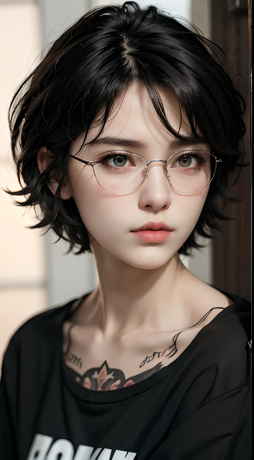 masterpiece, best quality, realistic, highly detailed, 1girl, solo, cowboy shot, different eyes color, glasses, short hair, black hair, medium breast, stylish T-shirt, Lips pierced, tatto on neck, beautiful girl, A tomboy face, Flat face without expression, detail eyes, detail hair, perfect lighting