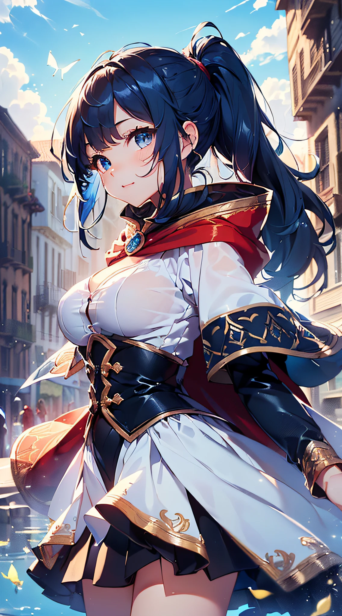 top-quality、Top image quality、​masterpiece、girl with((cute little、18year old、Best Bust、Medium bust、Bust 85,Beautiful blue eyes、Breasts wide open,Ponytail with black hair、A slender、Blue hair mesh、white t-shirts,red cloak、falda corta,Laugh、Leaning forward、Flying in the sky、Reflecting the whole body、Fluttering cloak、Fluttering short skirt)）hiquality、Beautiful Art、Background with((blue-sky、mid air、flying though the air)),masutepiece、Elaborate design、visualart、depth of fields、The best lighting、highestdetailed、8ｋ