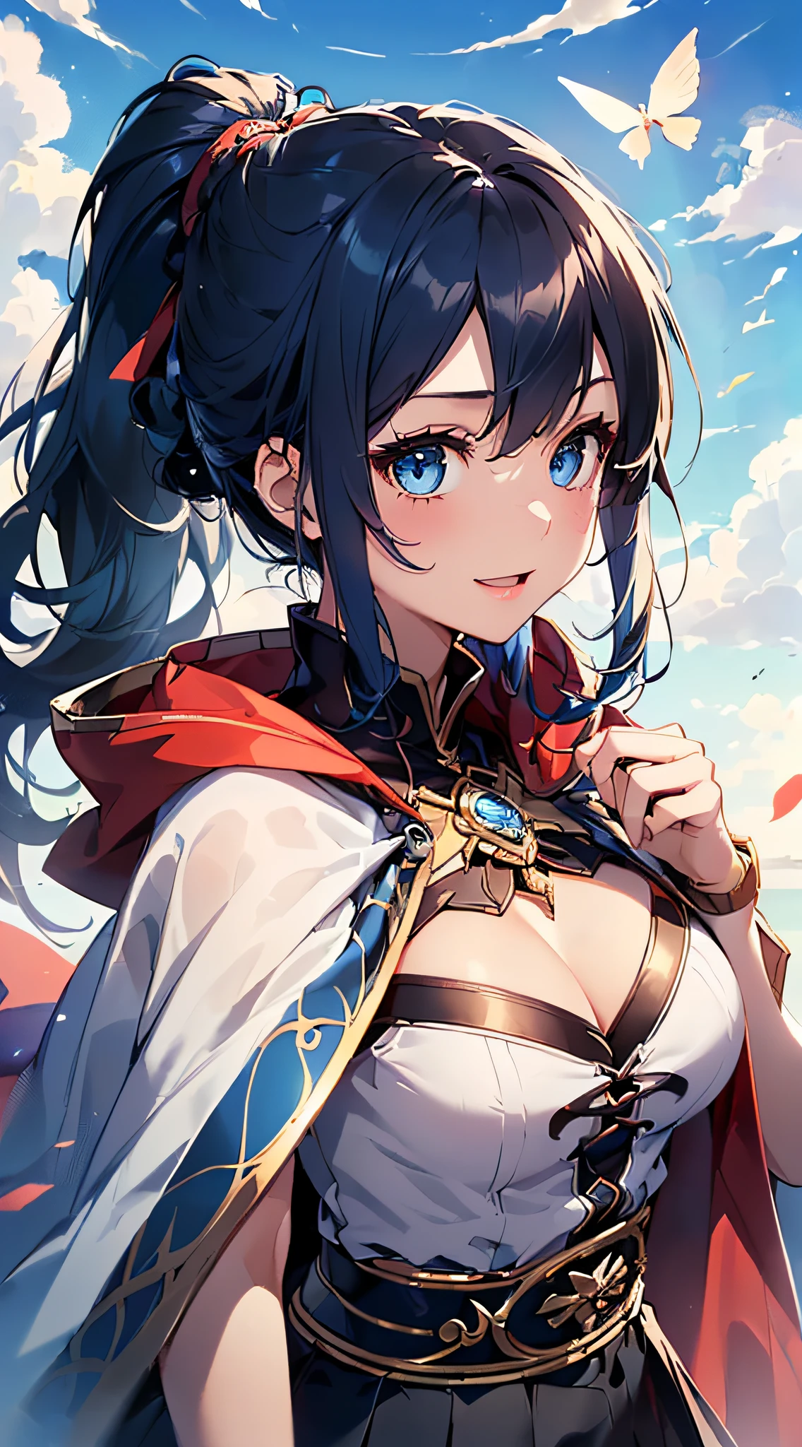 top-quality、Top image quality、masterpiece、girl with((cute little、18year old、Best Bust、Medium bust、Bust 85,Beautiful blue eyes、Breasts wide open,Ponytail with black hair、A slender、Blue hair mesh、white t-shirts,red cloak、falda corta,Laugh、Leaning forward、Flying in the sky、Reflecting the whole body、Fluttering cloak、Fluttering short skirt))hiquality、Beautiful Art、Background with((blue-sky、mid air、flying though the air)),masutepiece、Elaborate design、visualart、depth of fields、The best lighting、highestdetailed、8k