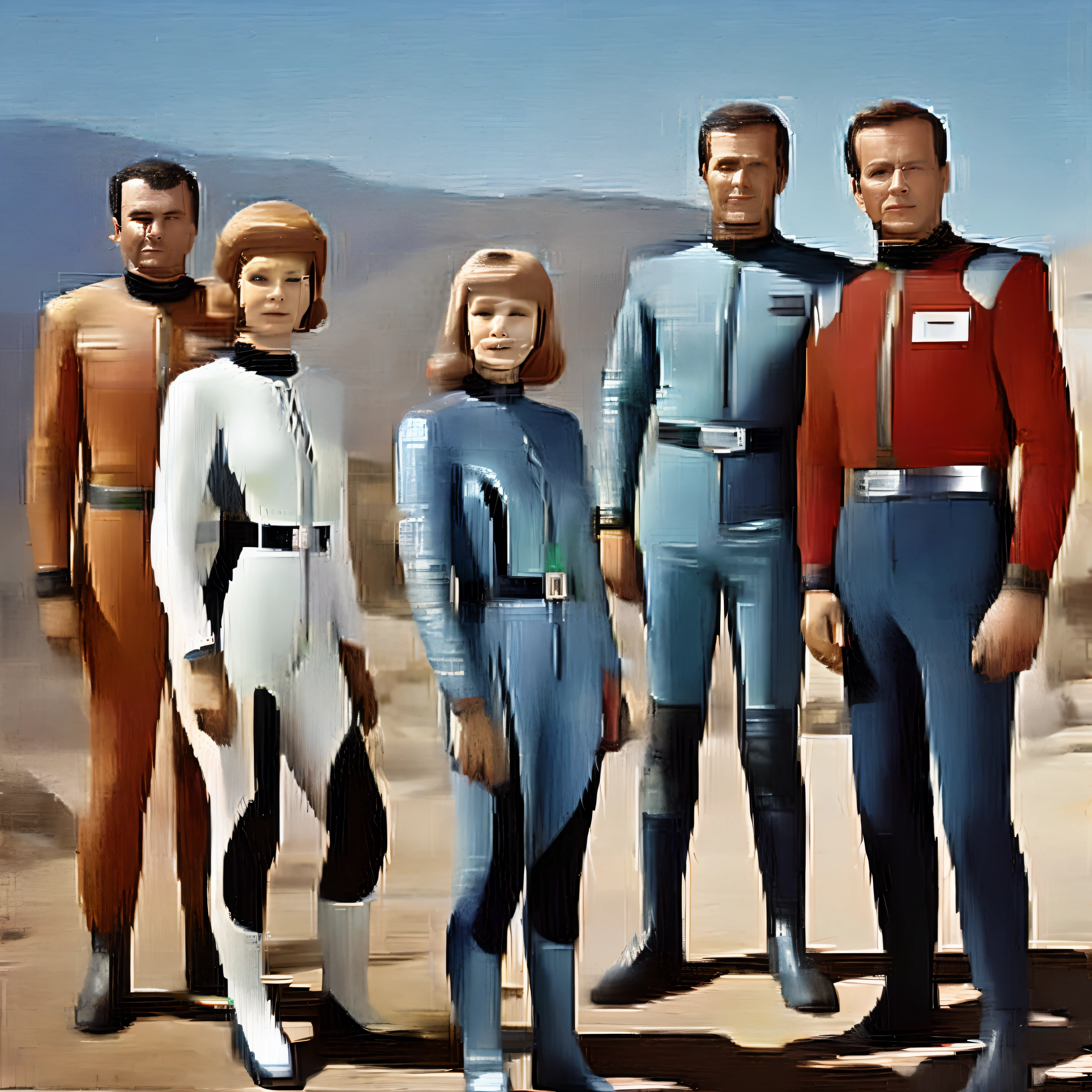 Image of a group of people in spacesuits standing in a desert, 1 9 6 0's sci - fi, vintage sci-fi, Sci Vintage - Fi, Retro Sci - Imagem de FI, Sci Retro - Fi, retro science fiction, retro science fiction, Sci-fi dos anos 70, 1 9 7 0 s sci - fi, Uniformes da Frota Estelar